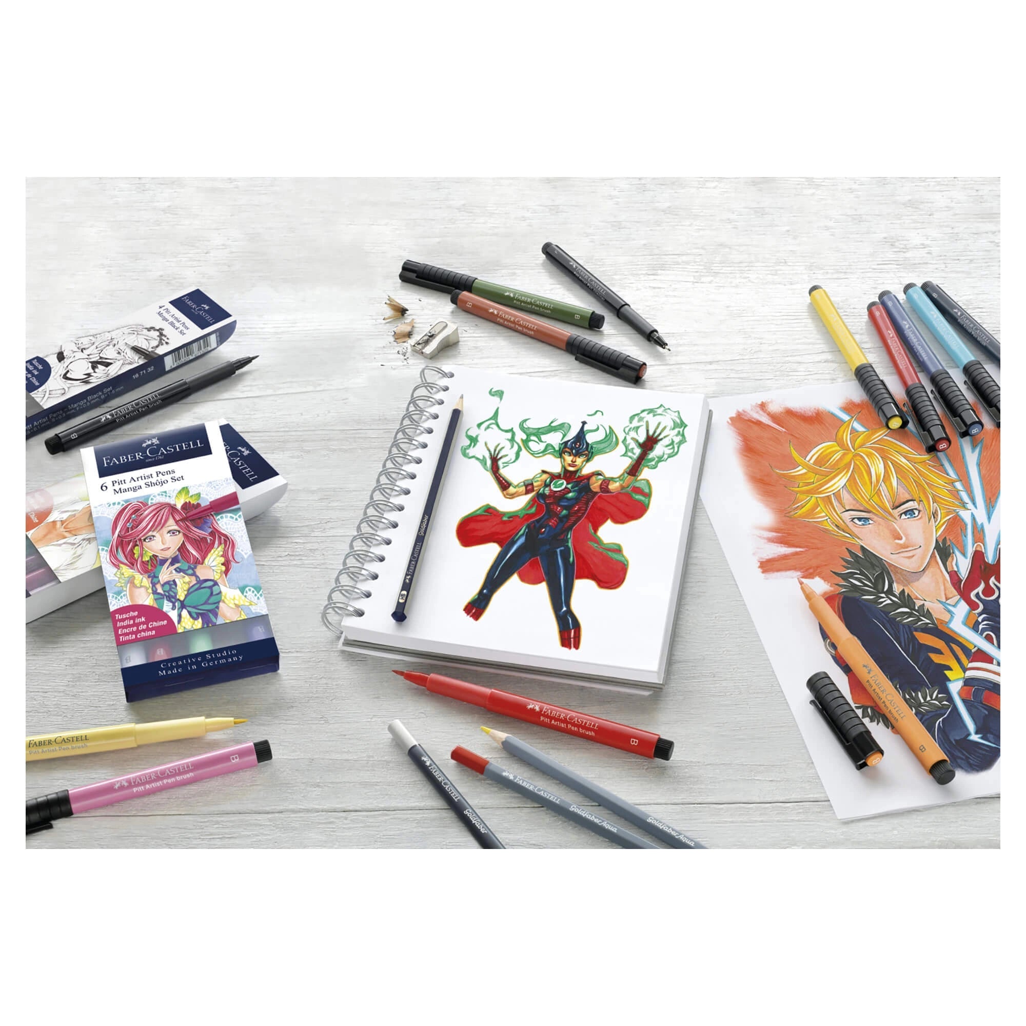Coloring books and markers on a white surface