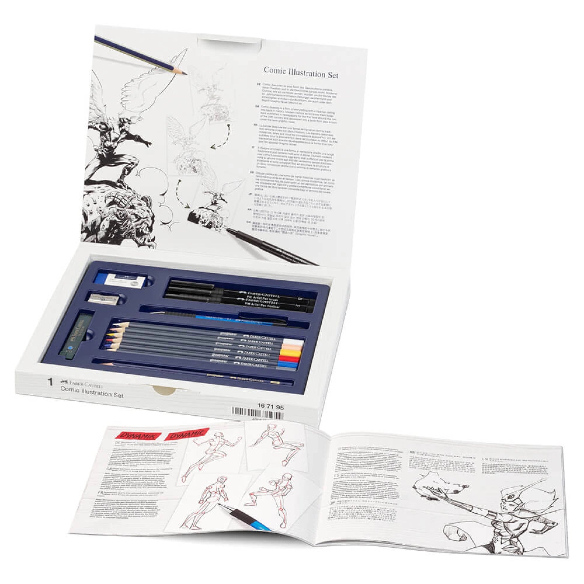 Comic illustration set with tools and instructions on a white background