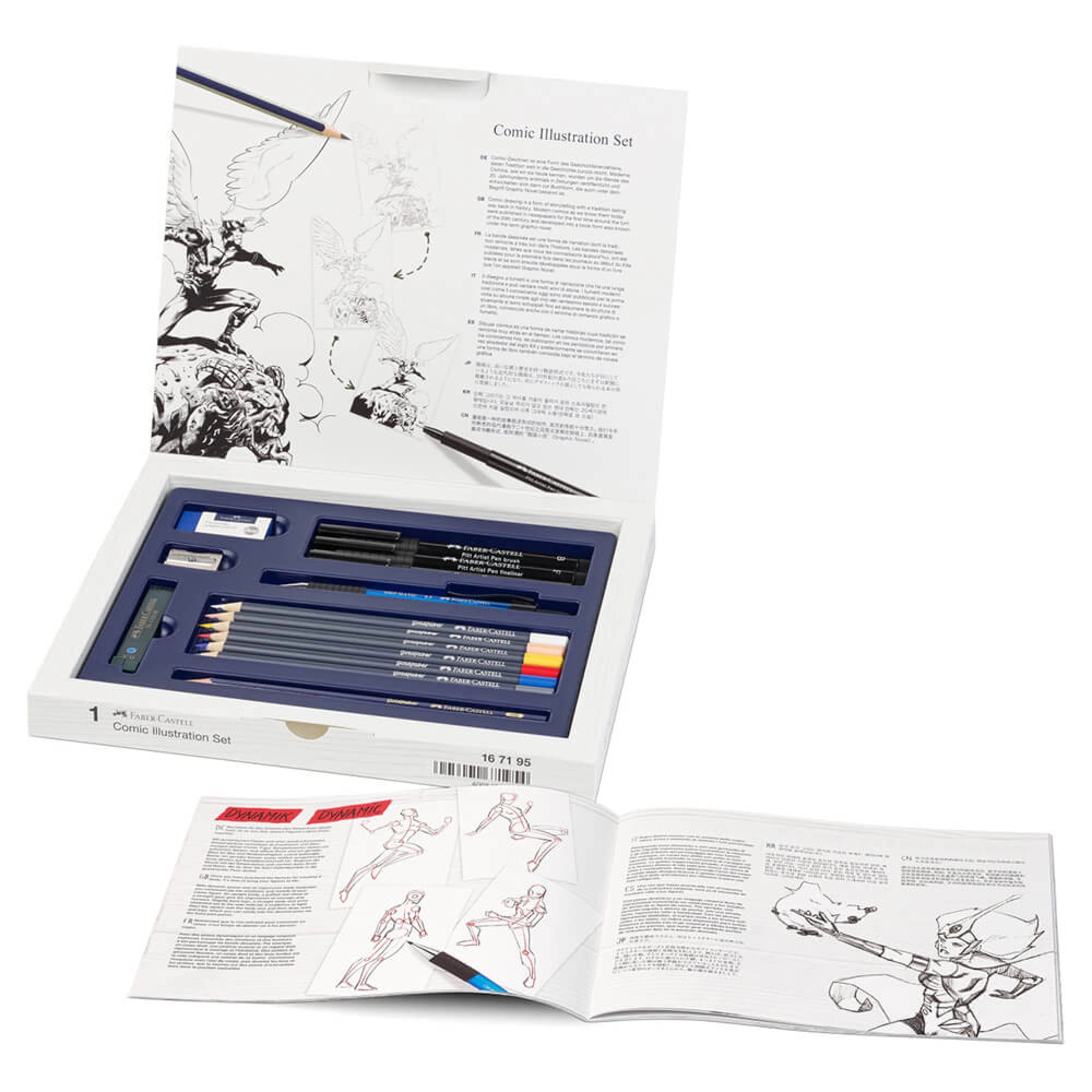 Comic illustration set with tools and instructions on a white background