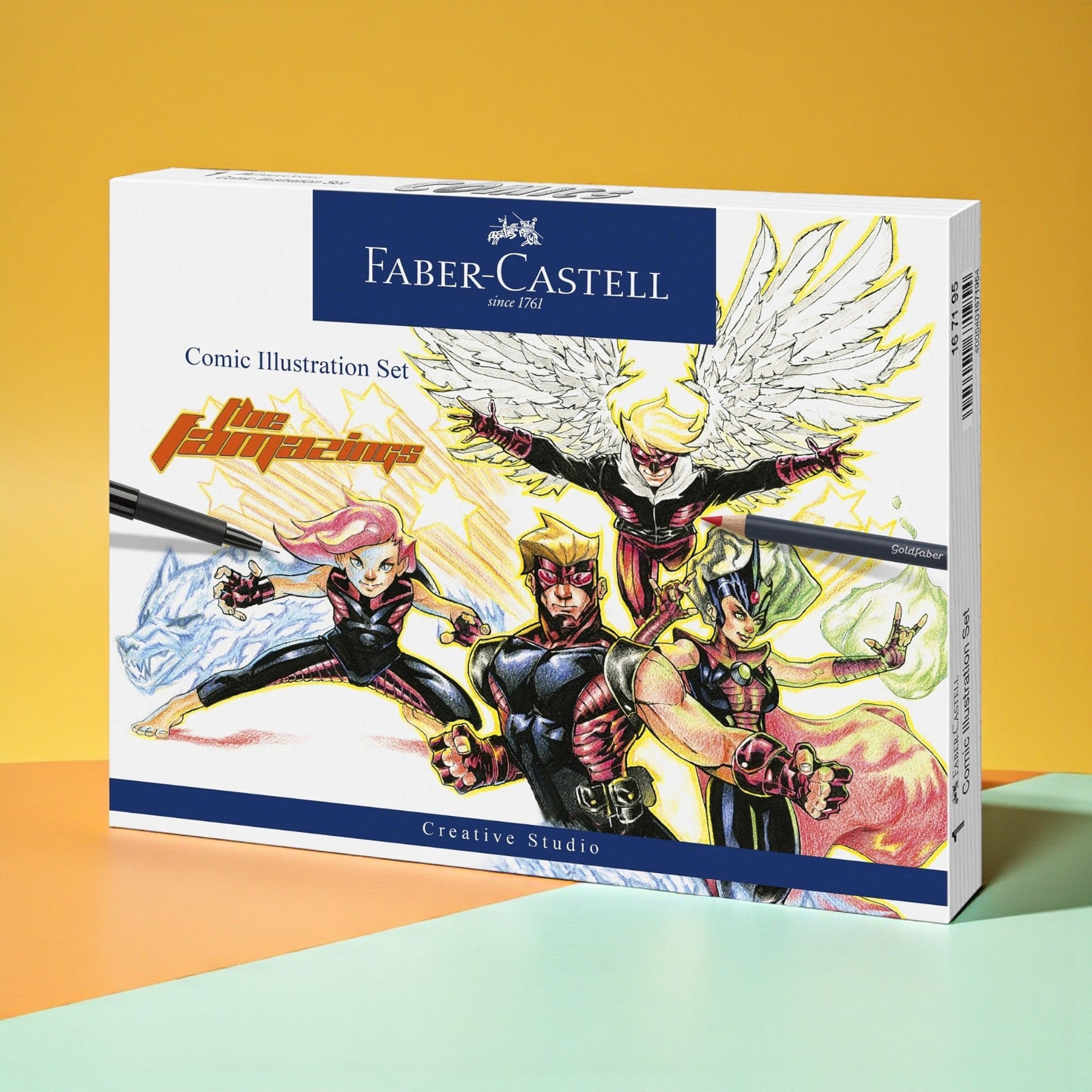 Faber-Castell comic illustration set packaging on a colorful background