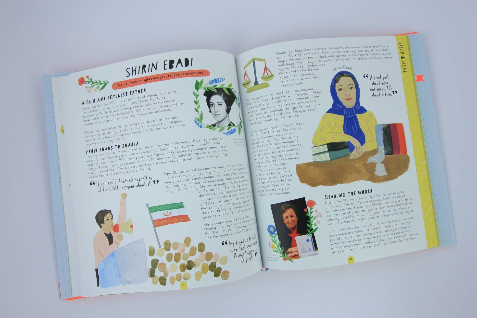 Open book with illustrations and text on a white background