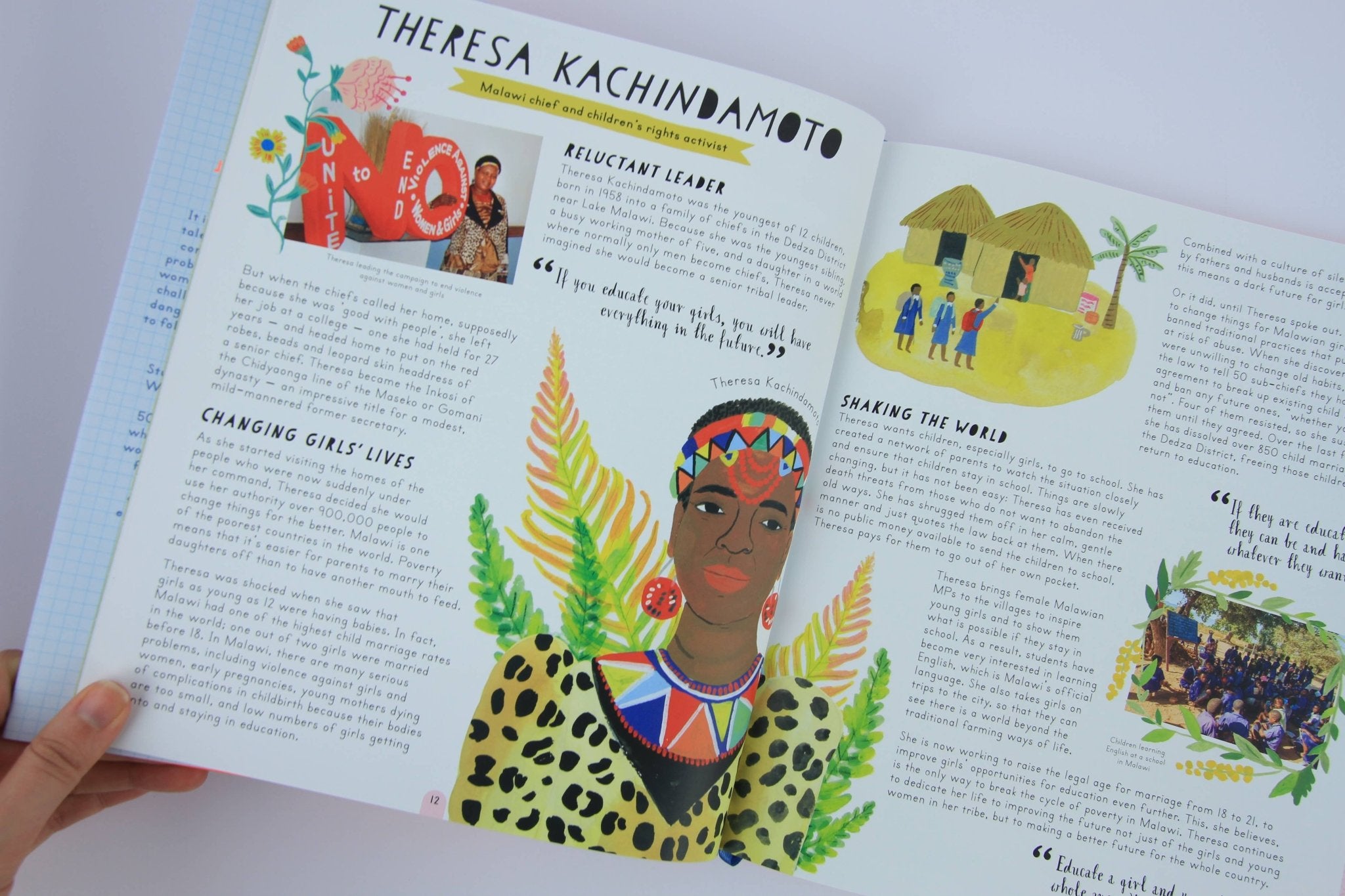 Open book with a colorful illustration of a woman on a white background