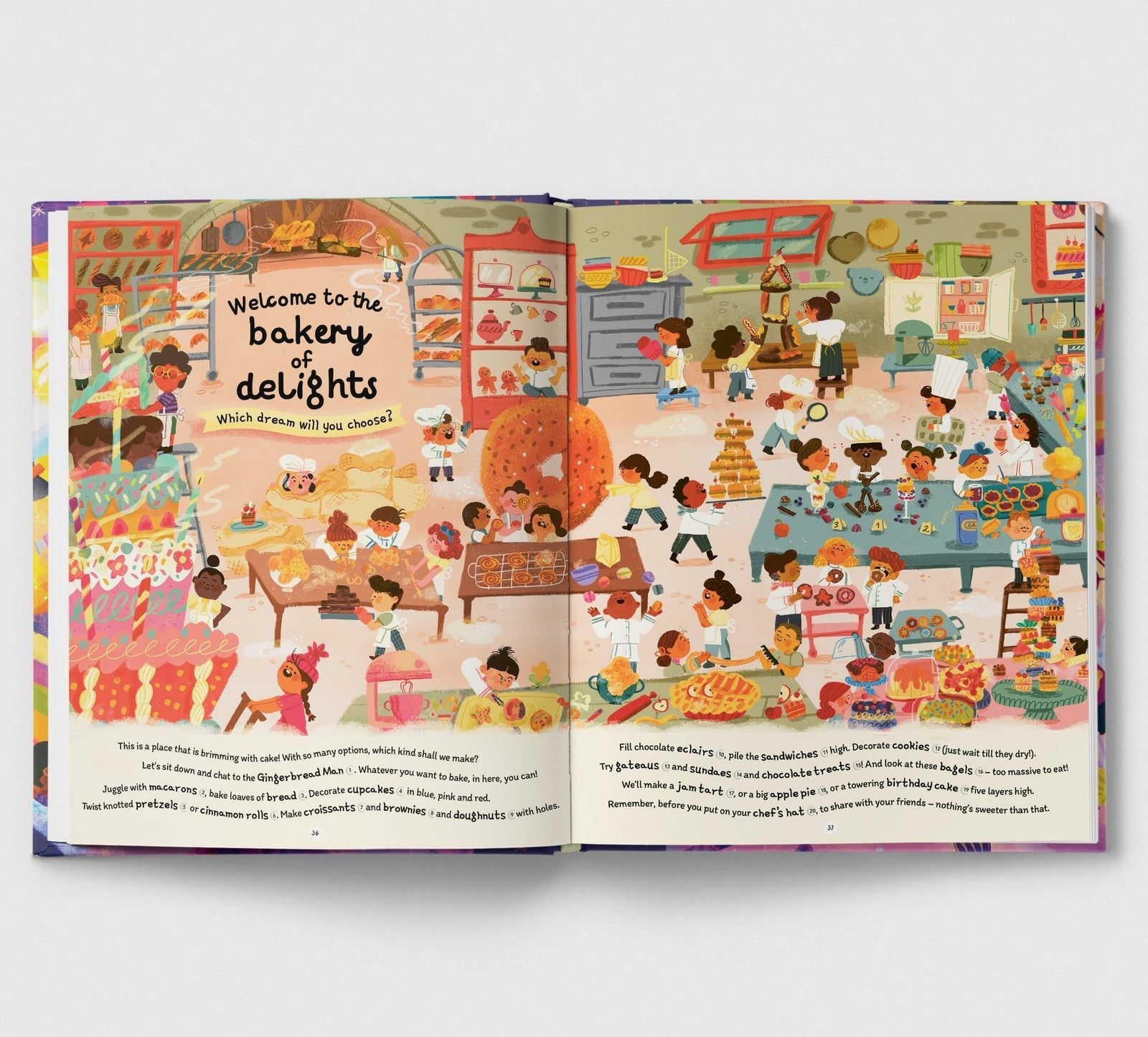 Open book with colorful illustrations of a bakery scene on a white background