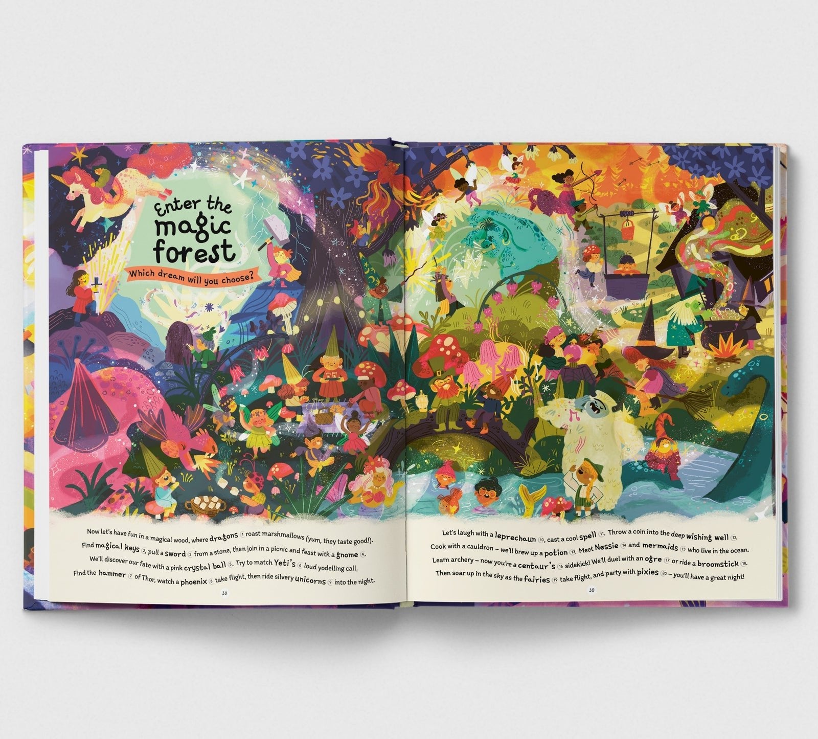 Open book with colorful illustrations of a fantasy forest scene.