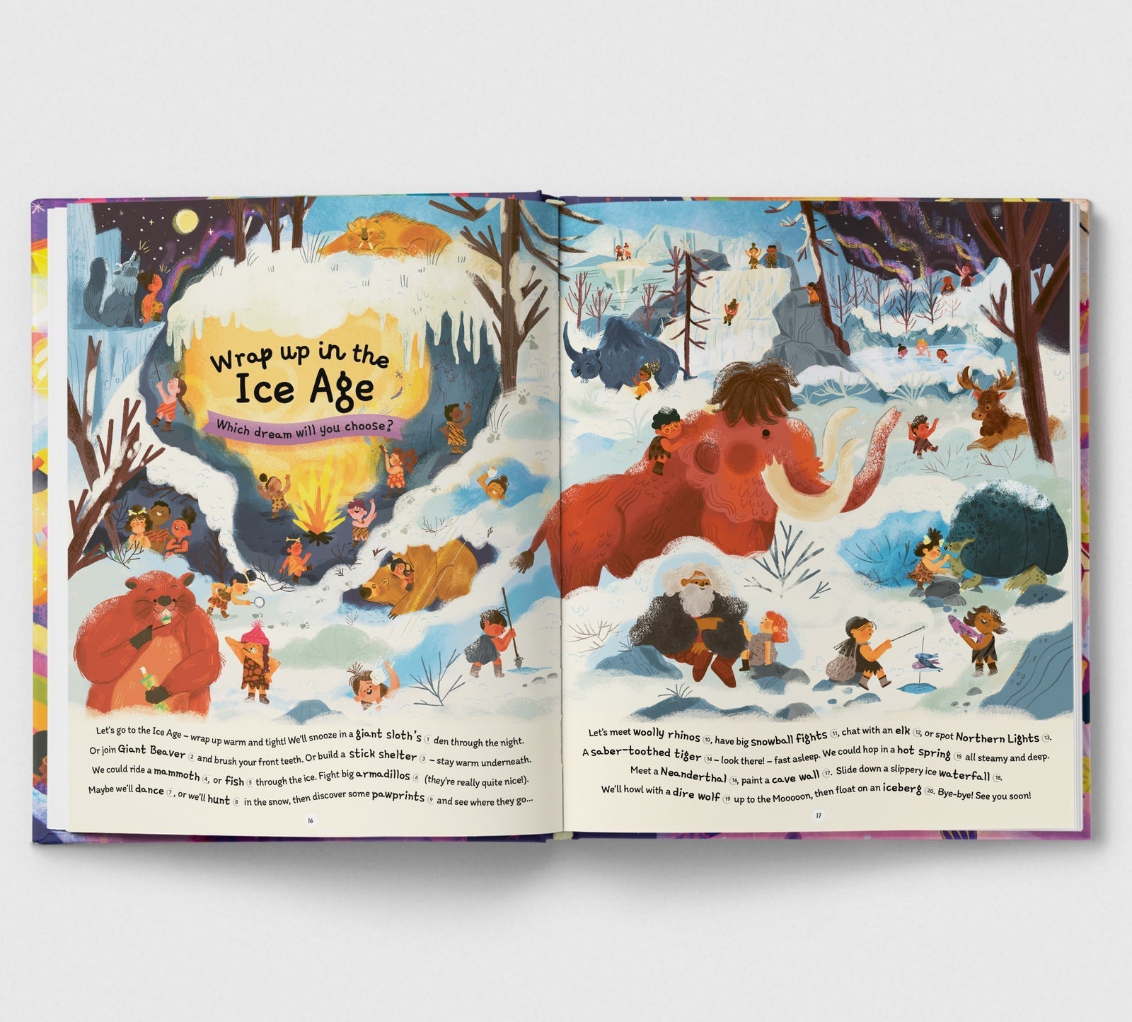 Open book showing illustrations of a prehistoric scene with people and animals in a snowy landscape.
