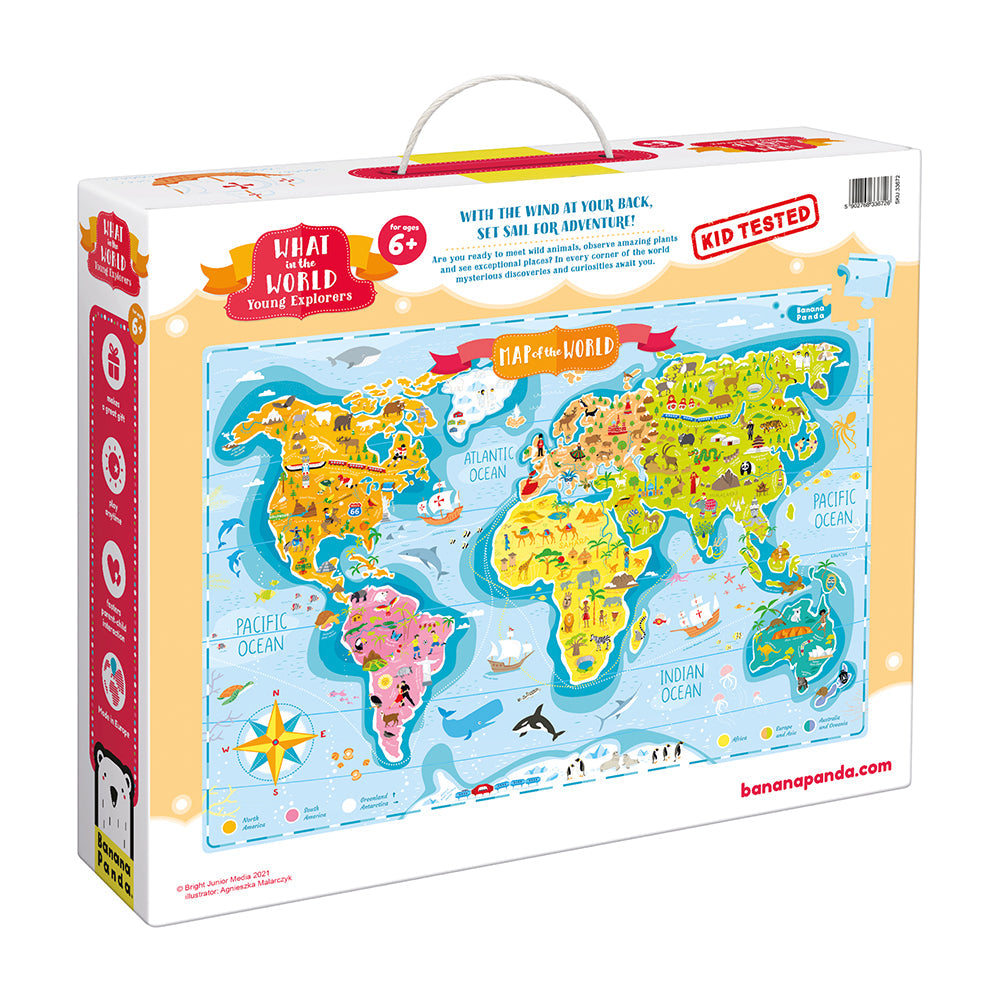 World map puzzle packaging with colorful world map illustration on a white background