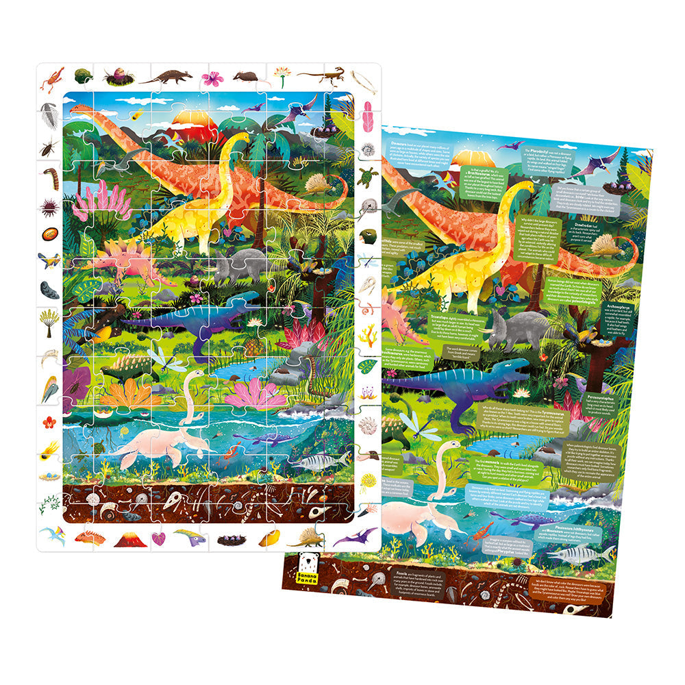 Dinosaur-themed puzzle with colorful illustrations on a white background