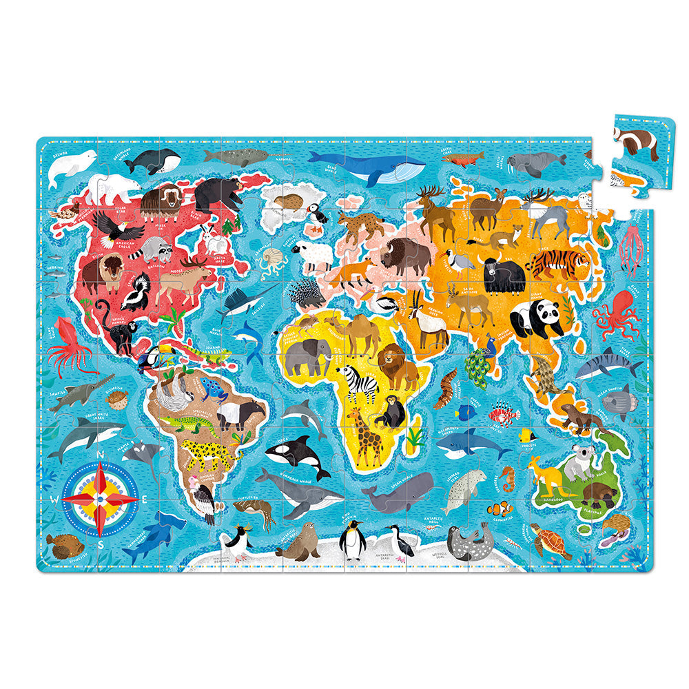 World map puzzle with animal illustrations on a blue background