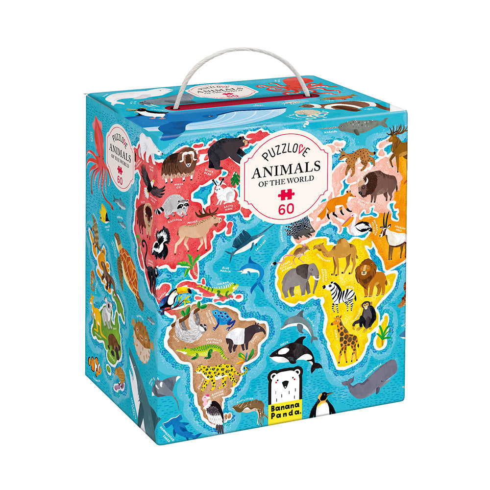 Puzzles box with animal illustrations on a blue background