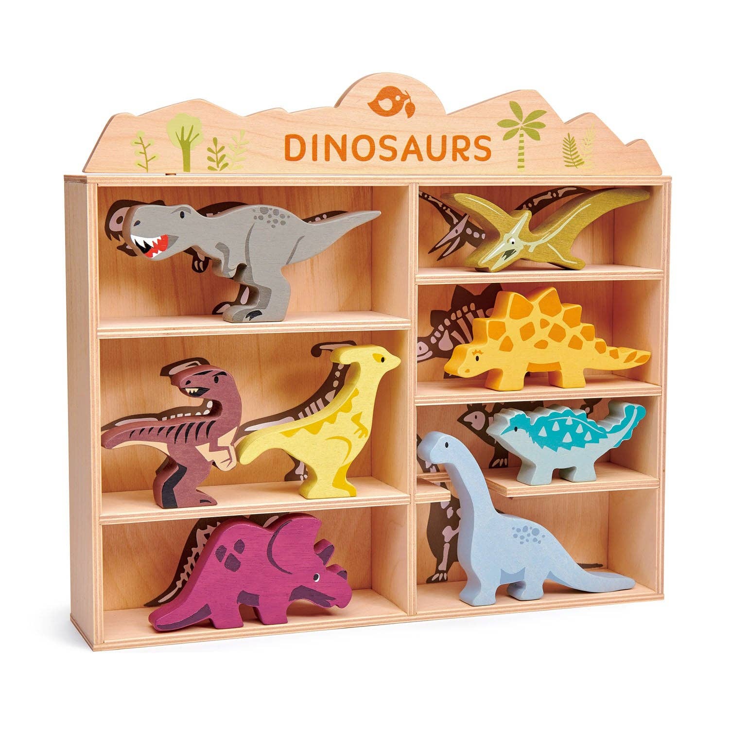 Wooden dinosaur toy set in a display case with 'DINOSAURS' text on top.