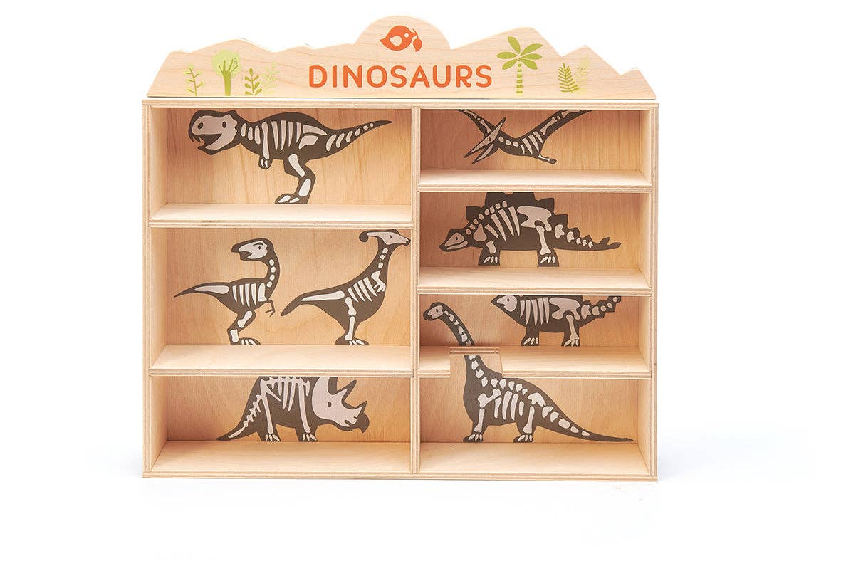 Wooden shelf with dinosaur skeletons on a white background