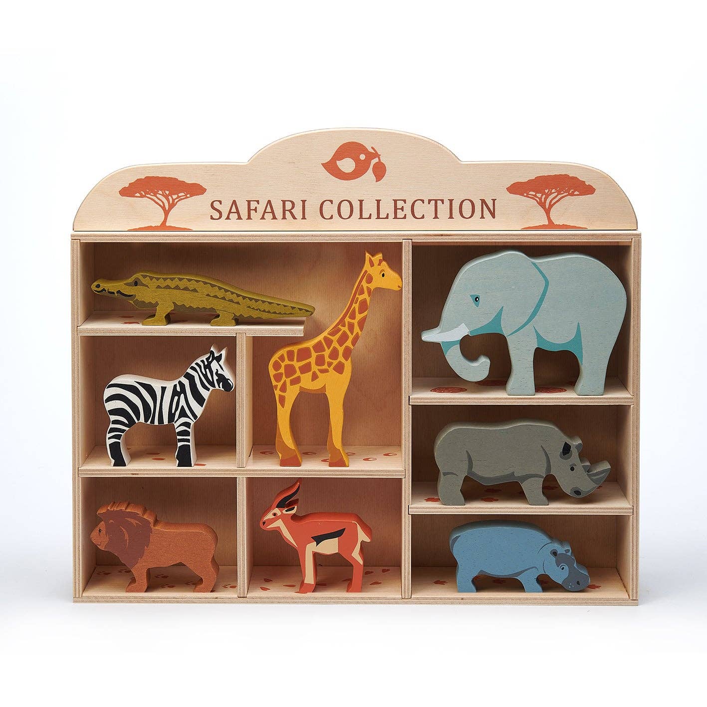 Wooden toy shelf with safari animals on a white background