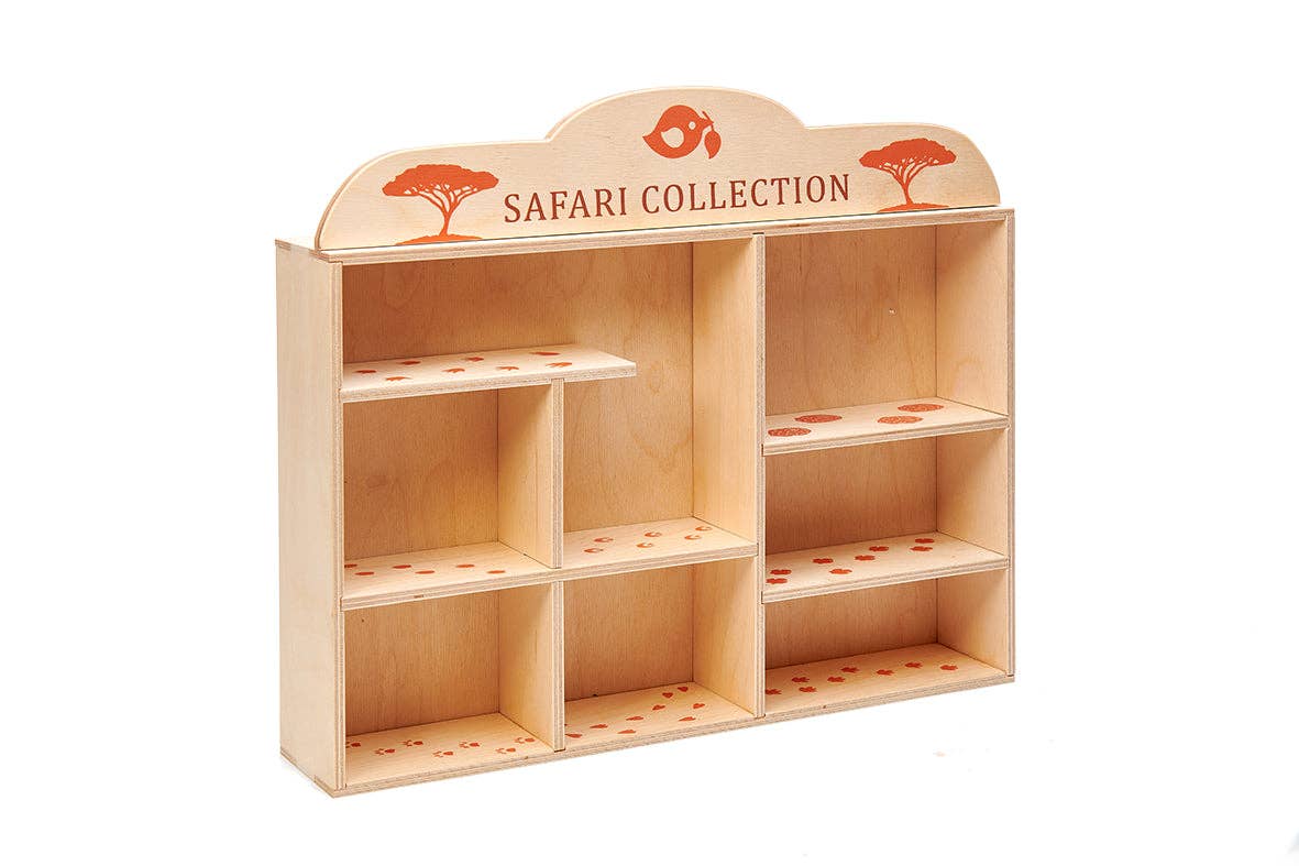 Wooden display unit with 'Safari Collection' branding on a white background