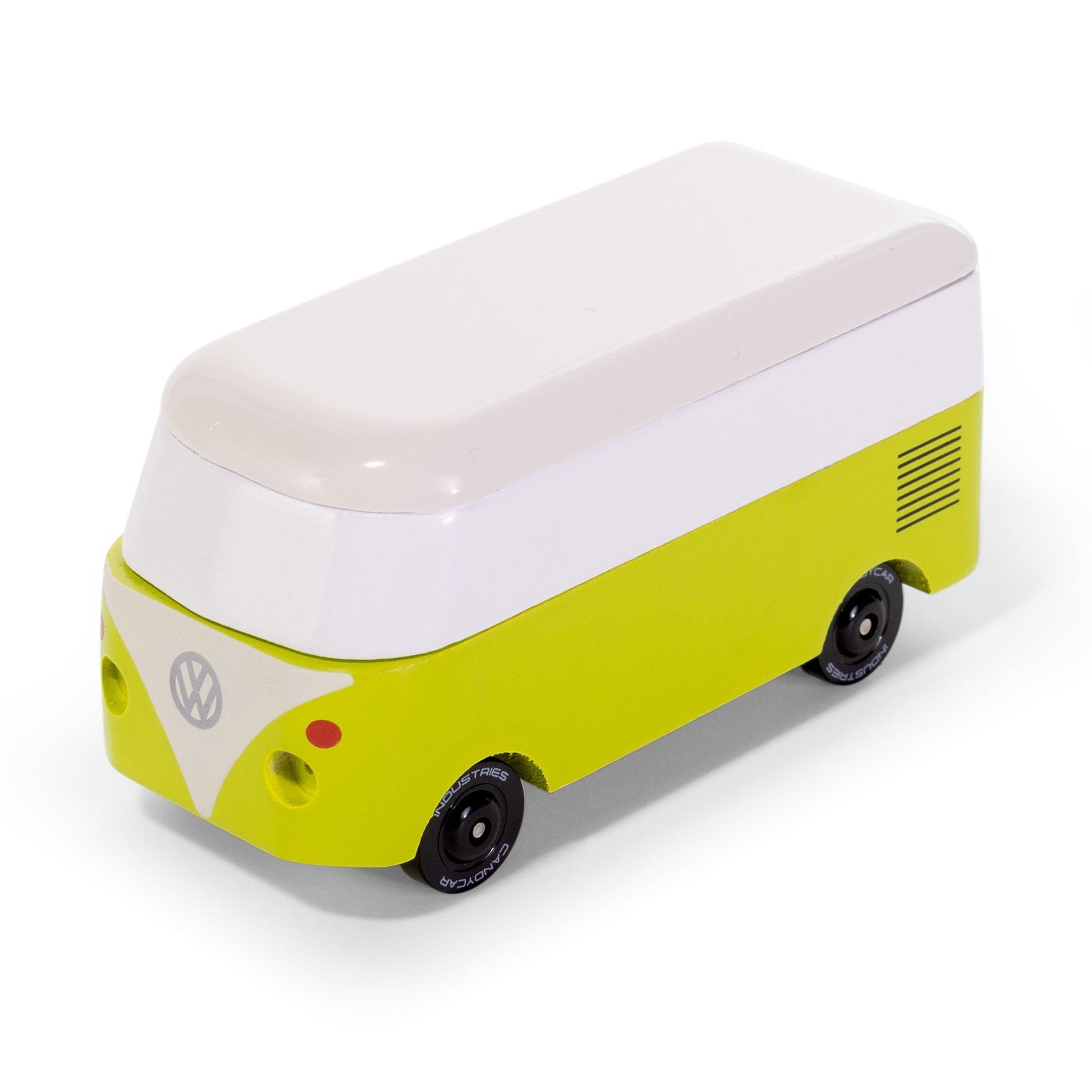 Model of a vintage van with a white top and yellow body on a white background
