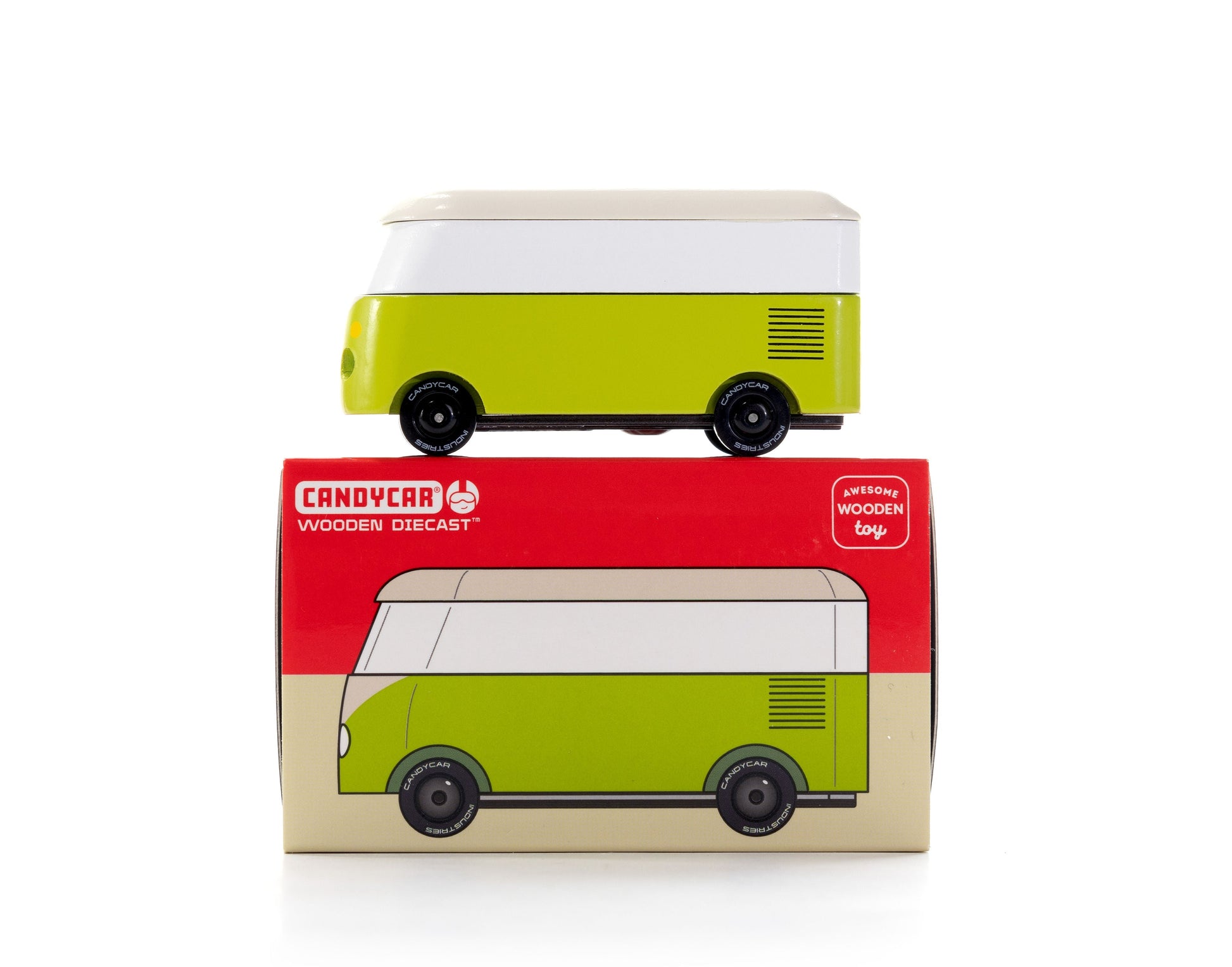 Green toy van on top of its packaging box with 'Canovy Car' branding on a white background