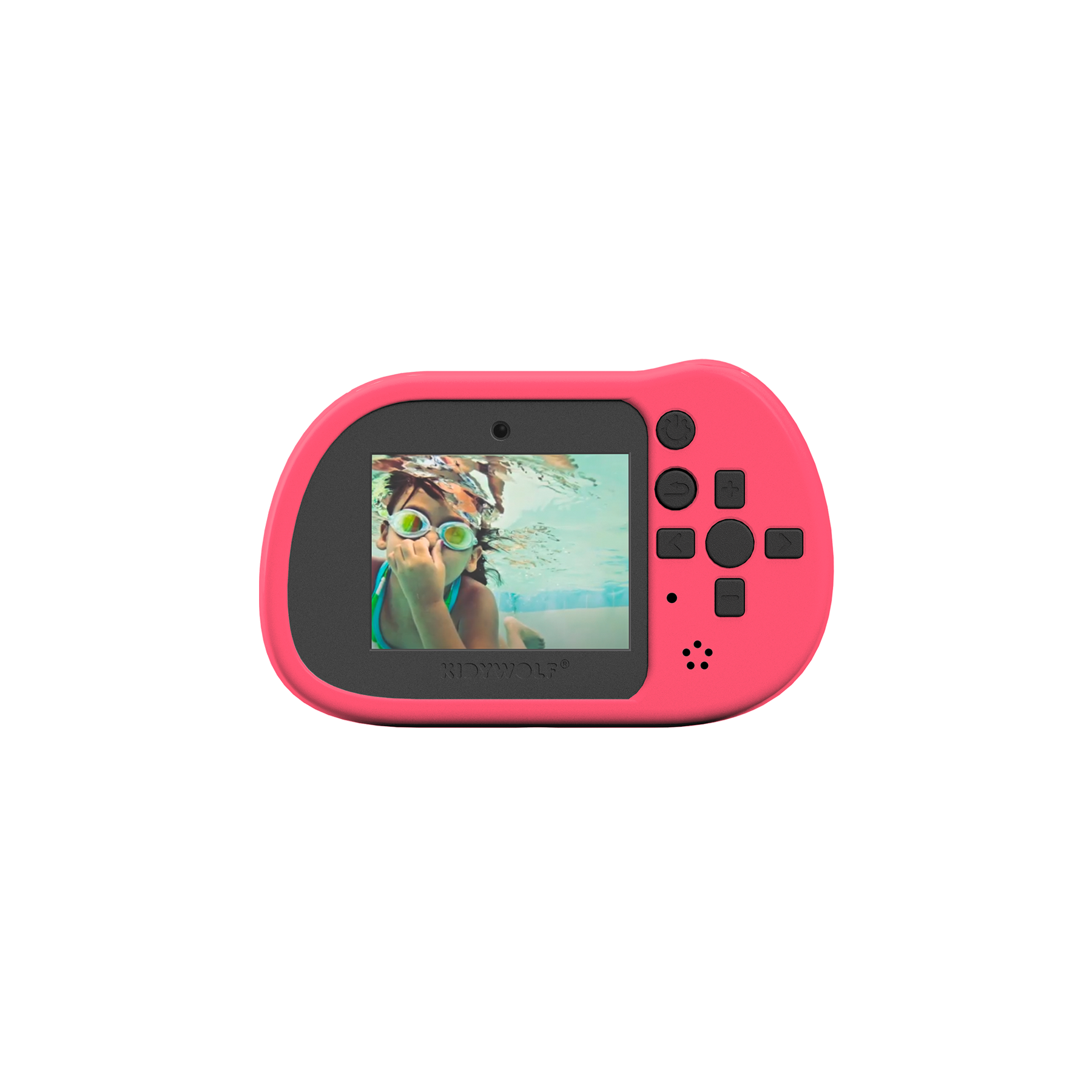 Pink handheld gaming device with a small screen displaying an image on a white background