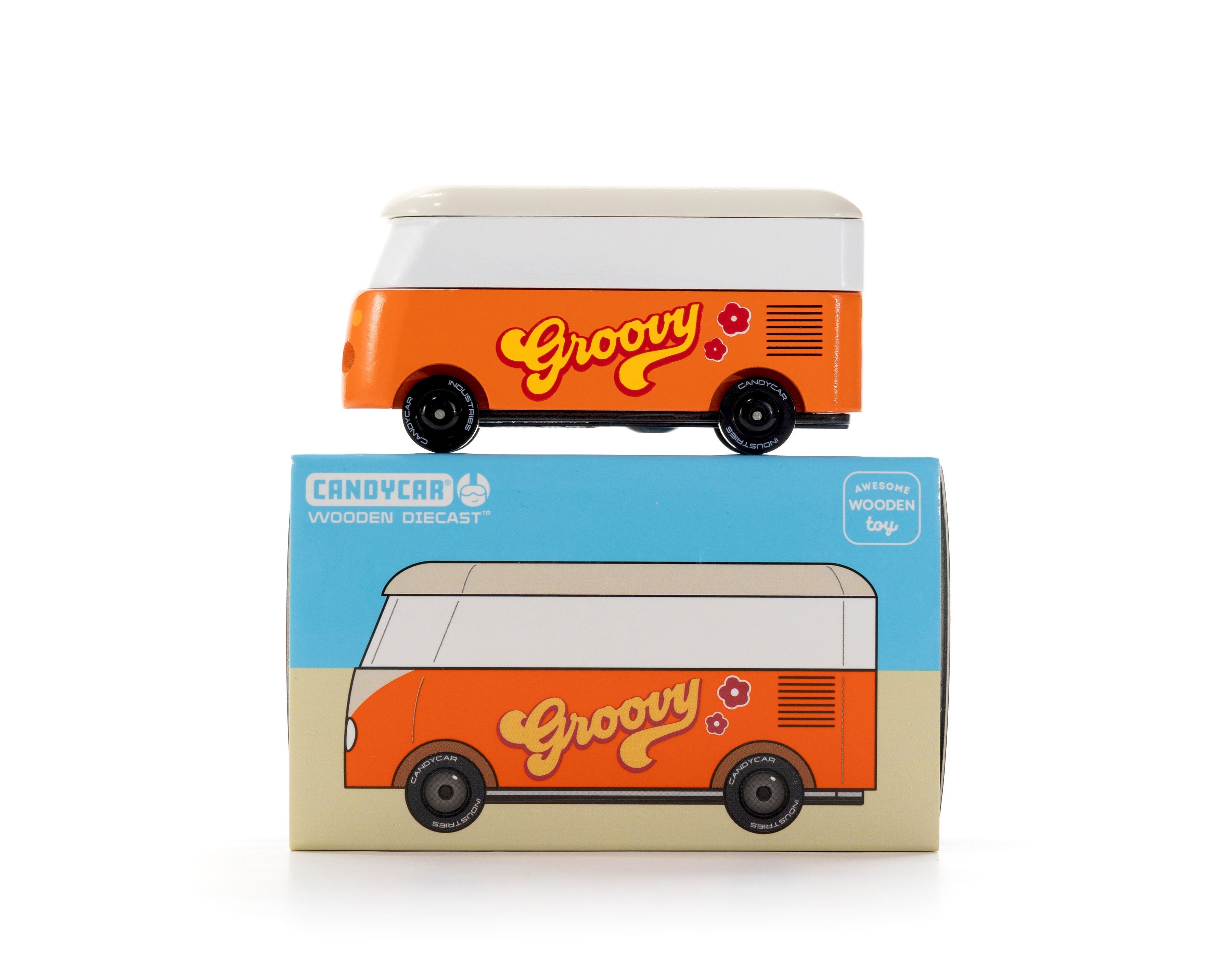 Orange toy van with 'Groovy' text on a matching box against a white background