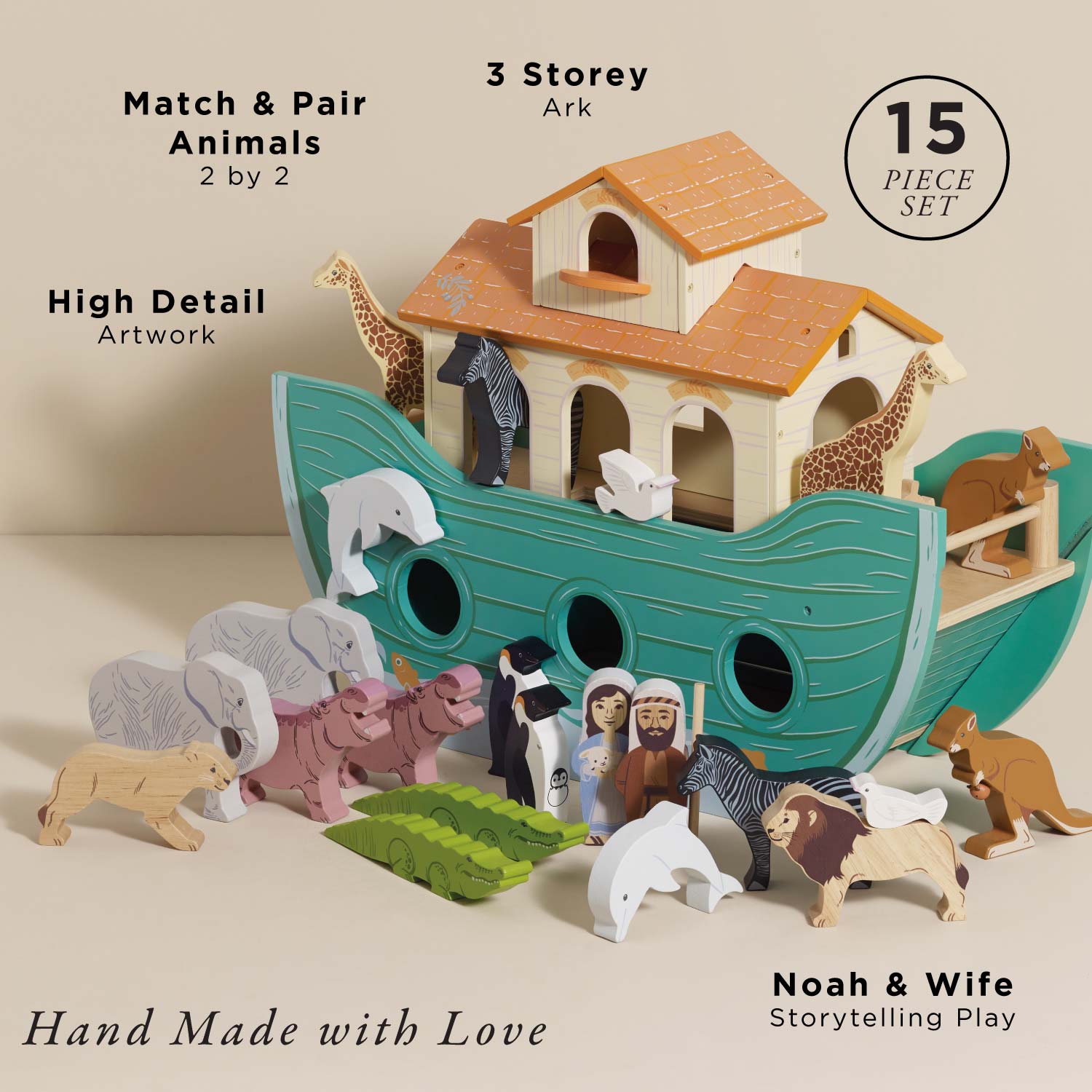 Noah's Ark toy set with animals and figures on a beige background