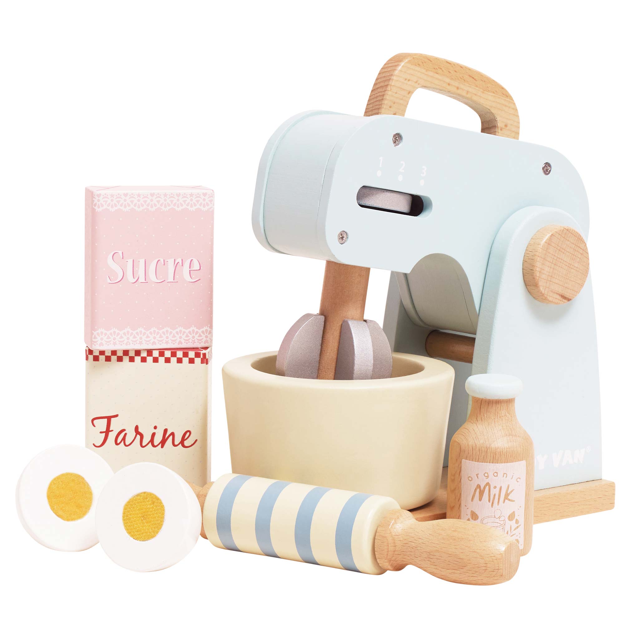 Set of wooden kitchen toys including a mixer, eggs, and bottles on a white background