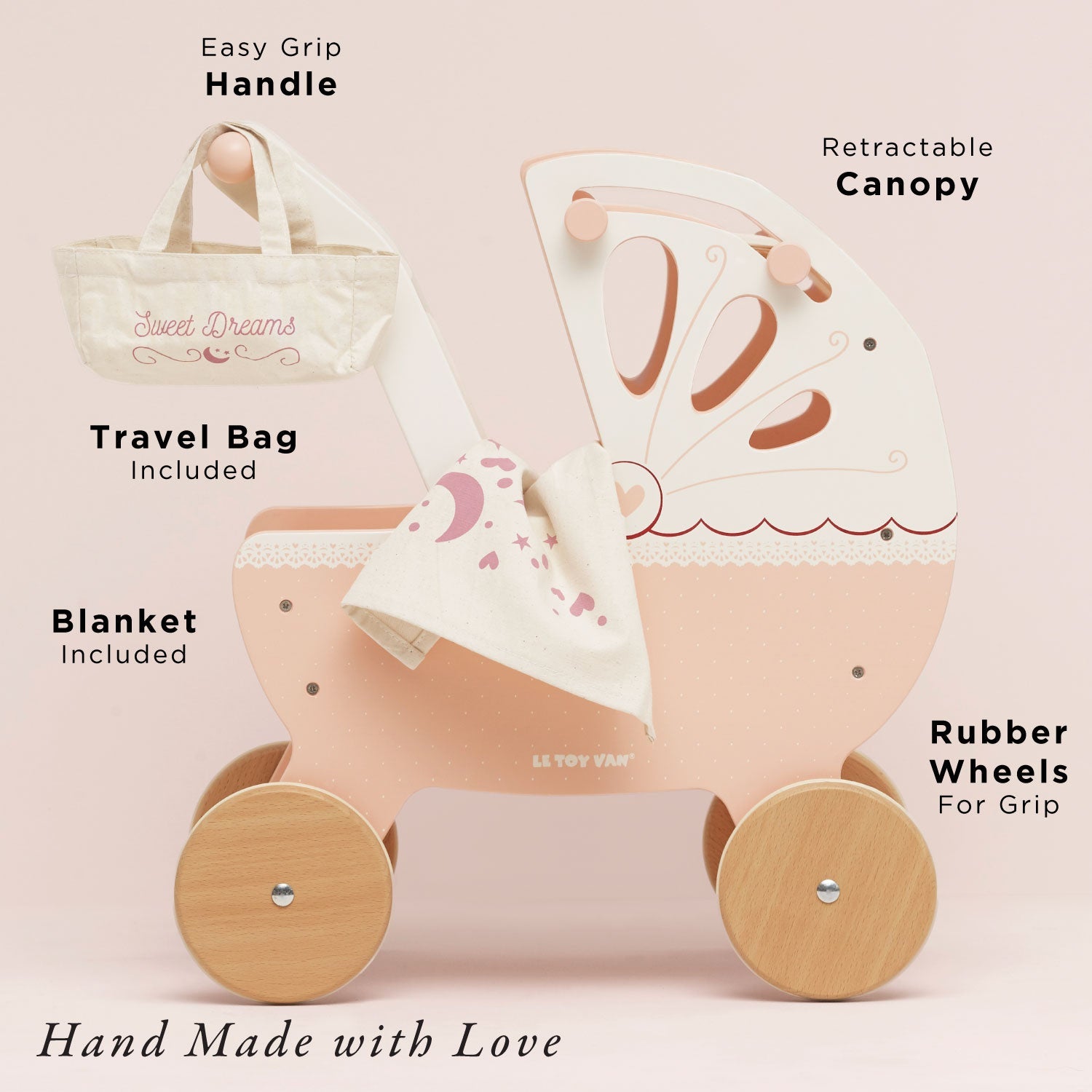 Doll pram with features highlighted on a light pink background