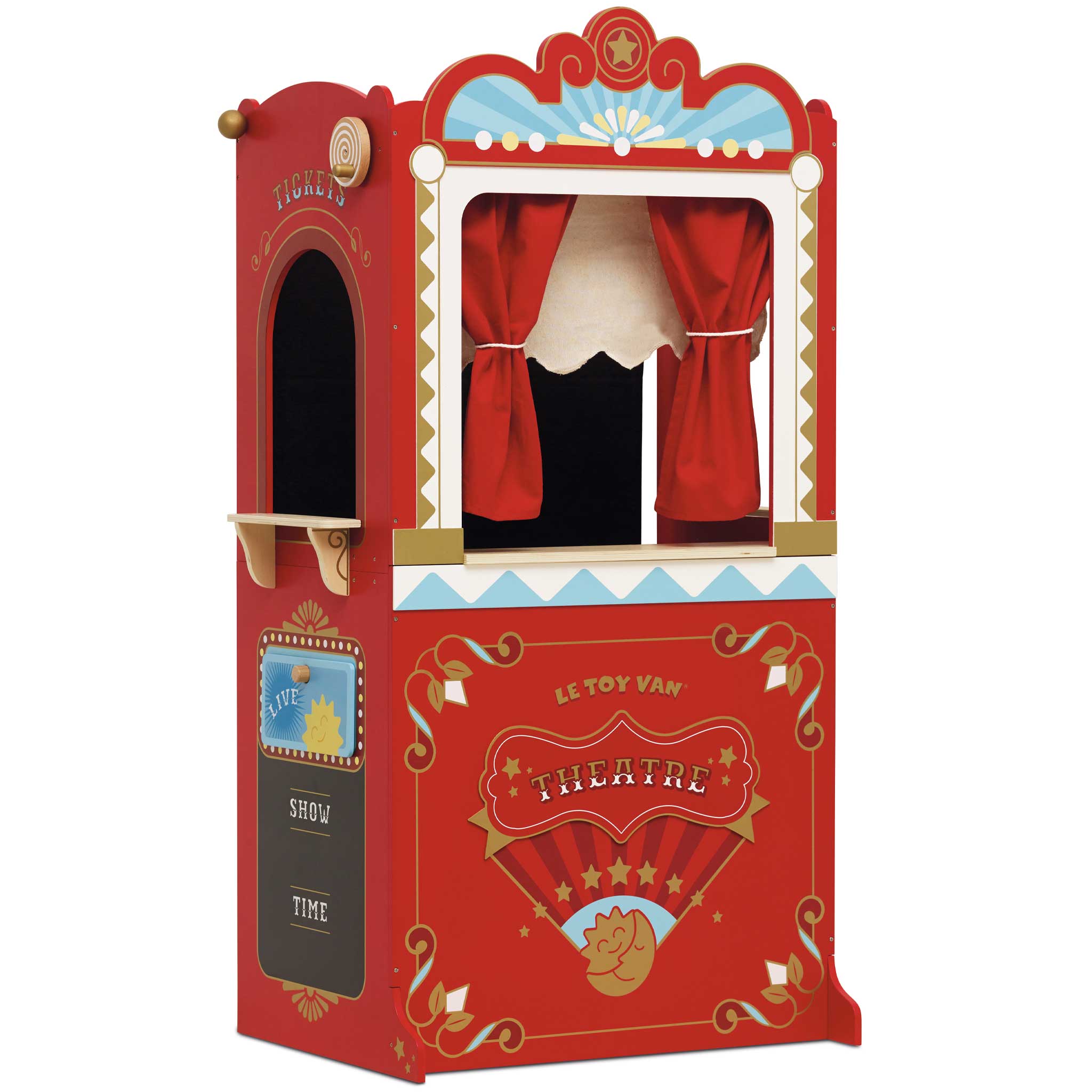 Red puppet theater with red curtains and 'Le Toy Van' branding on a white background