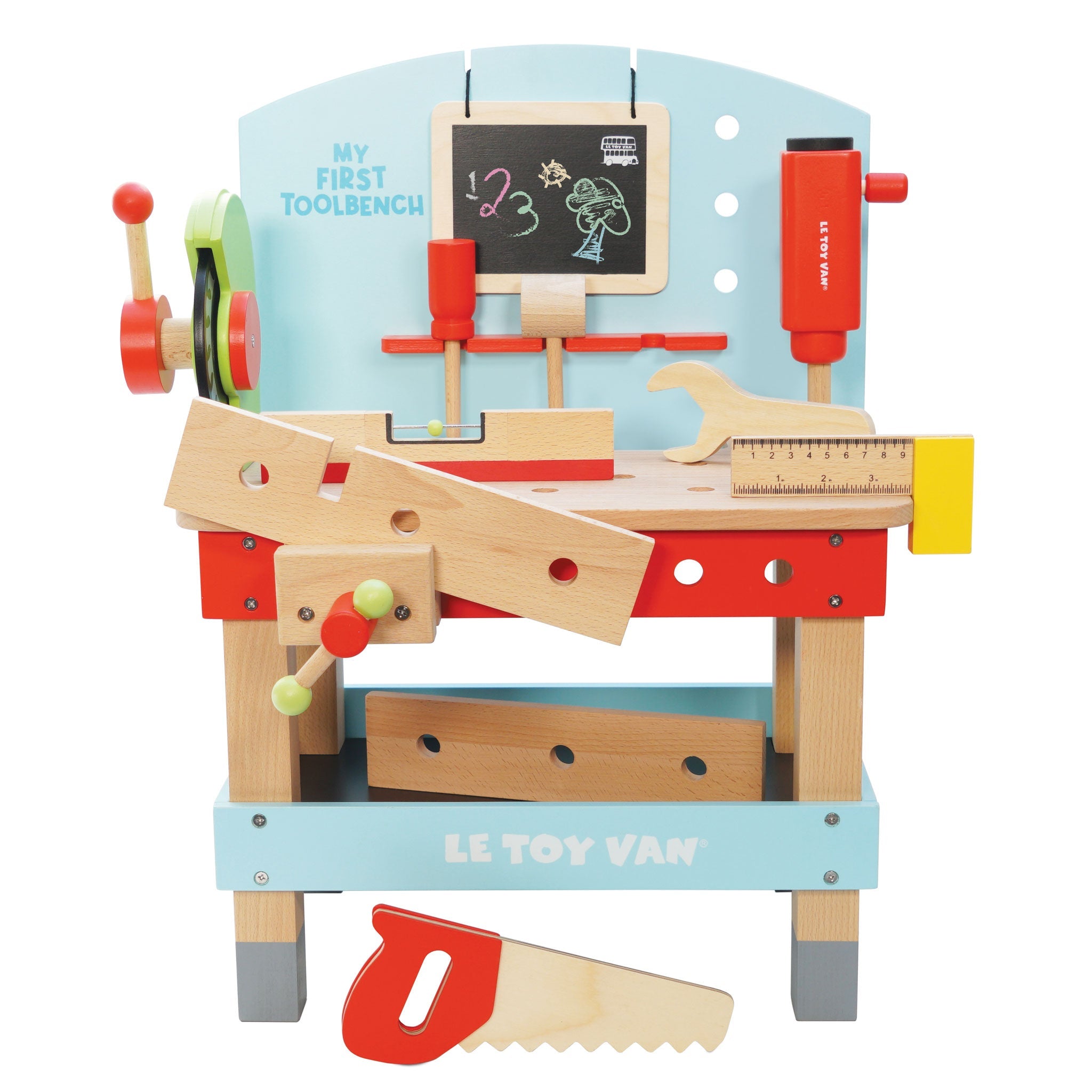 Toy workbench with tools and a chalkboard, branded 'Le Toy Van', on a white background