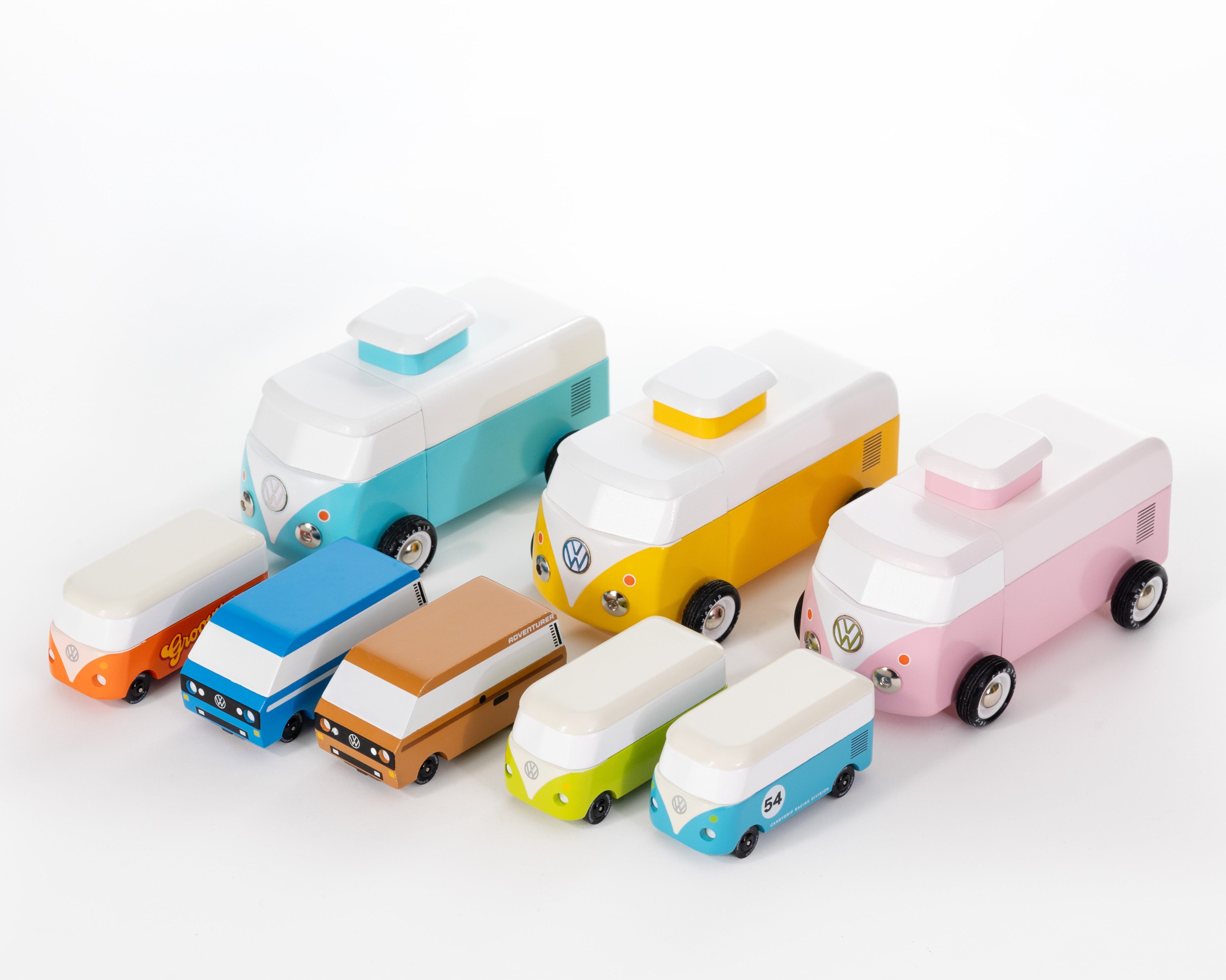 Set of colorful toy vans on a white background