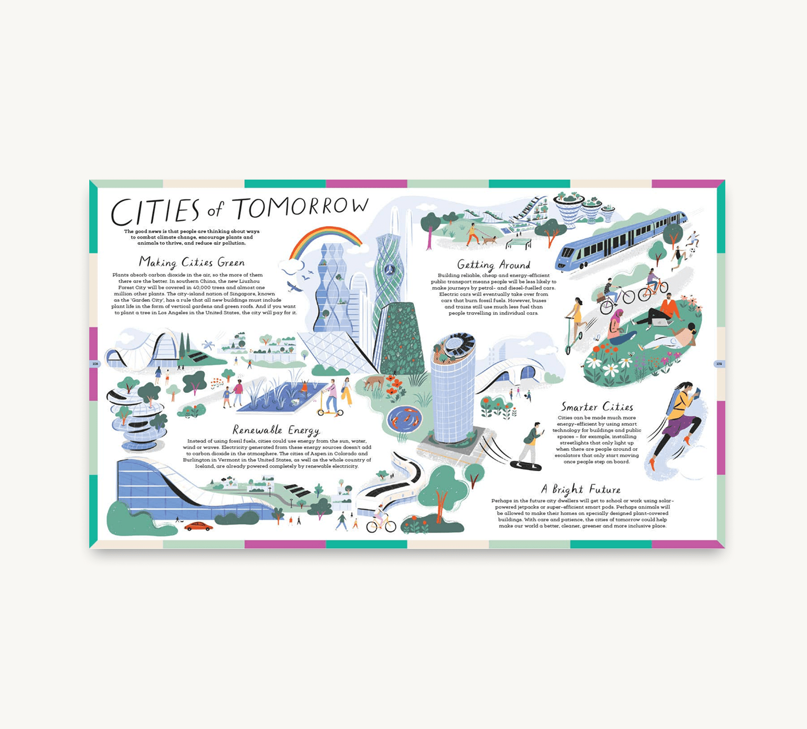Illustrated poster titled 'Cities of Tomorrow' with various scenes and text on a white background.
