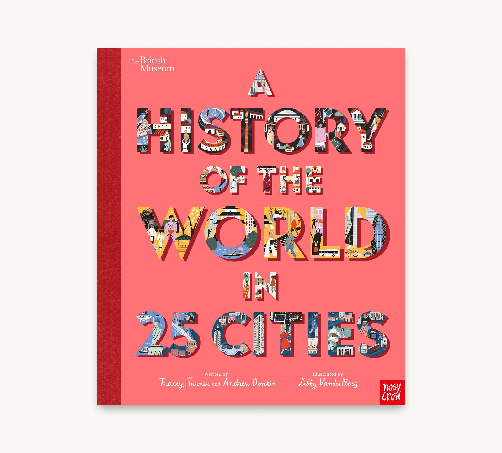 Book cover of 'A History of the World in 25 Cities' with colorful text on a red background