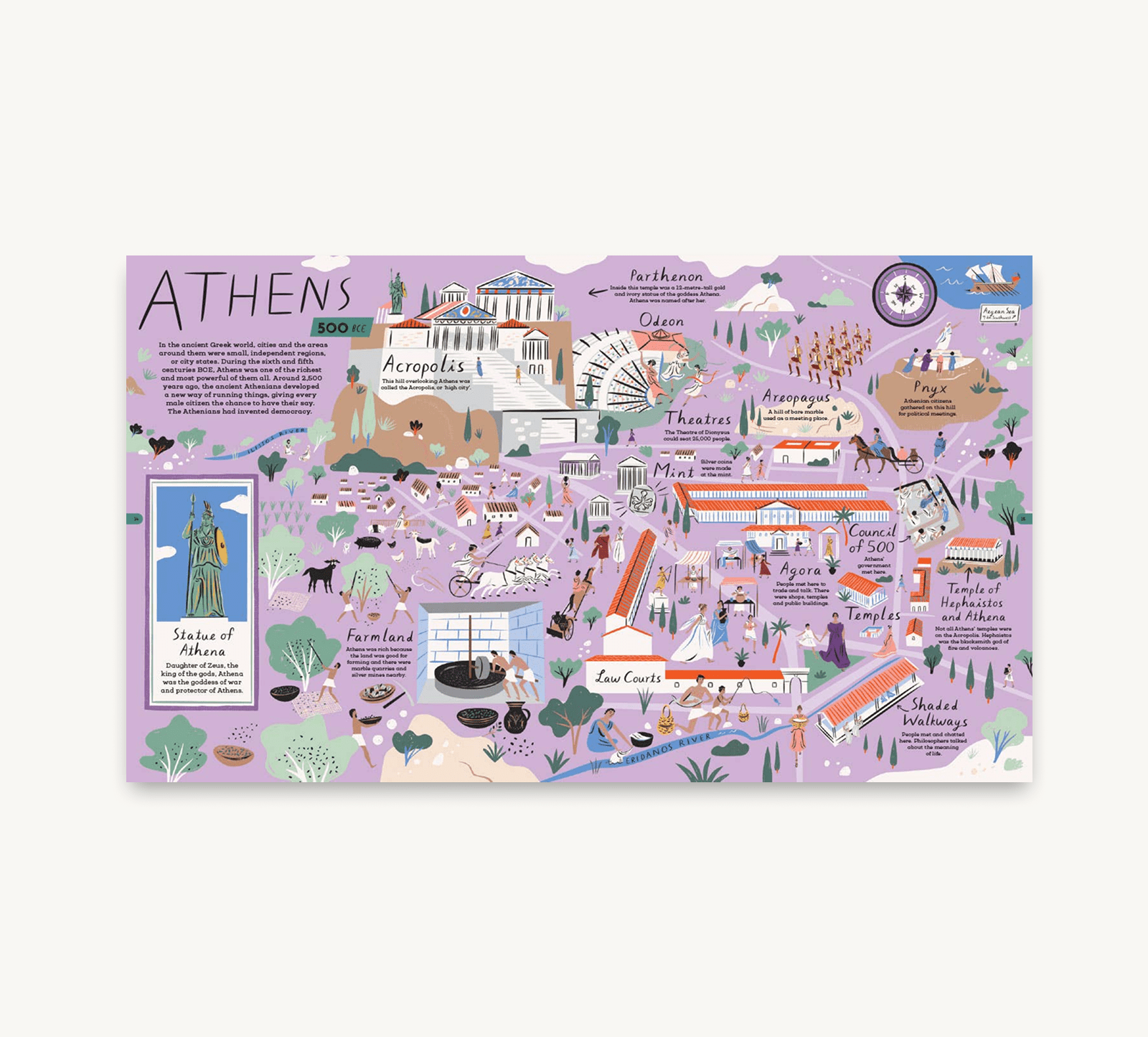 Illustrated map of Athens on a purple background