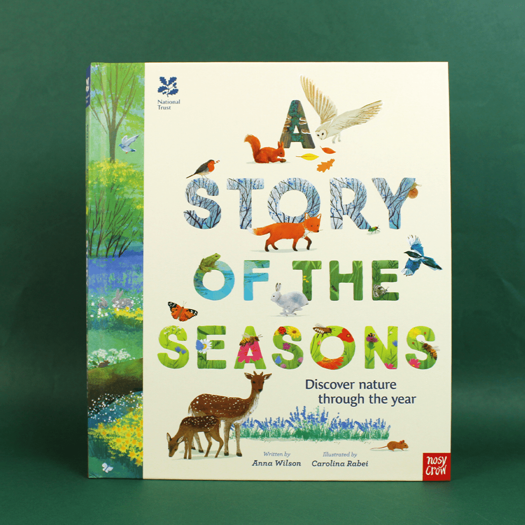 Book cover of 'A Story of the Seasons' with illustrations of animals and nature on a green background
