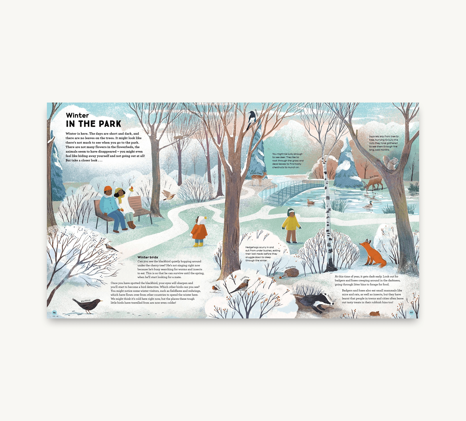 Illustrated book page showing a winter scene in the park with people and animals.
