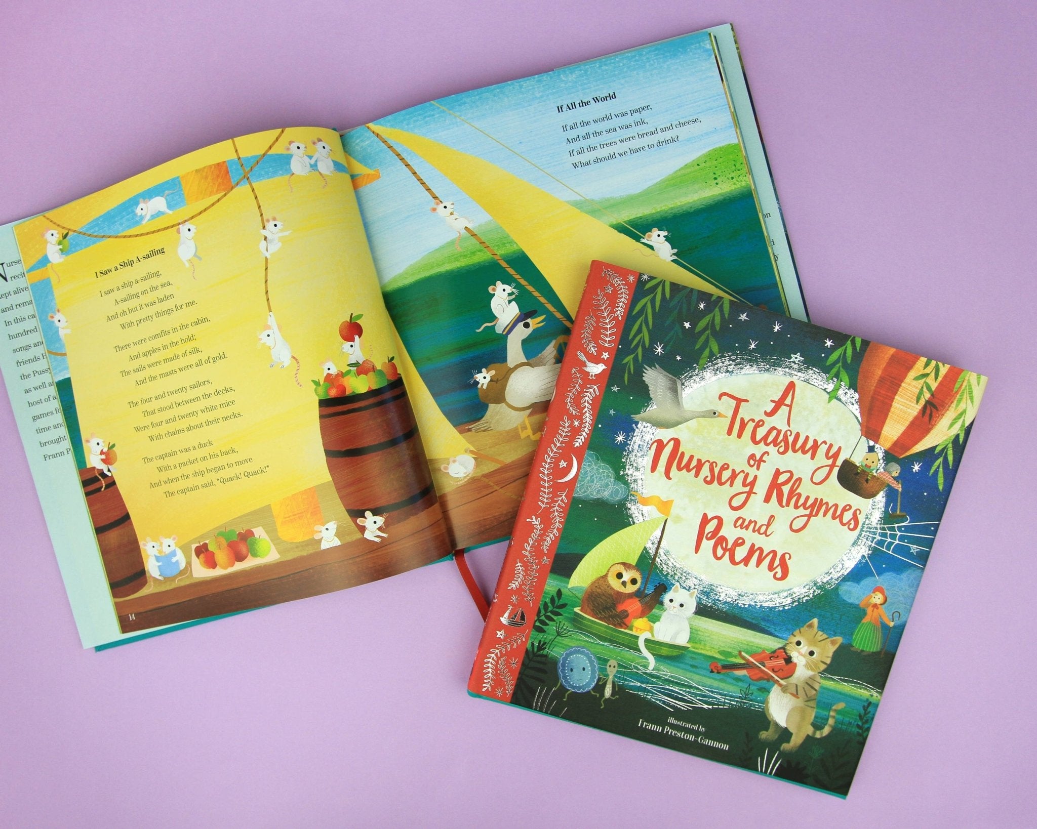 Children's books with colorful illustrations on a purple background