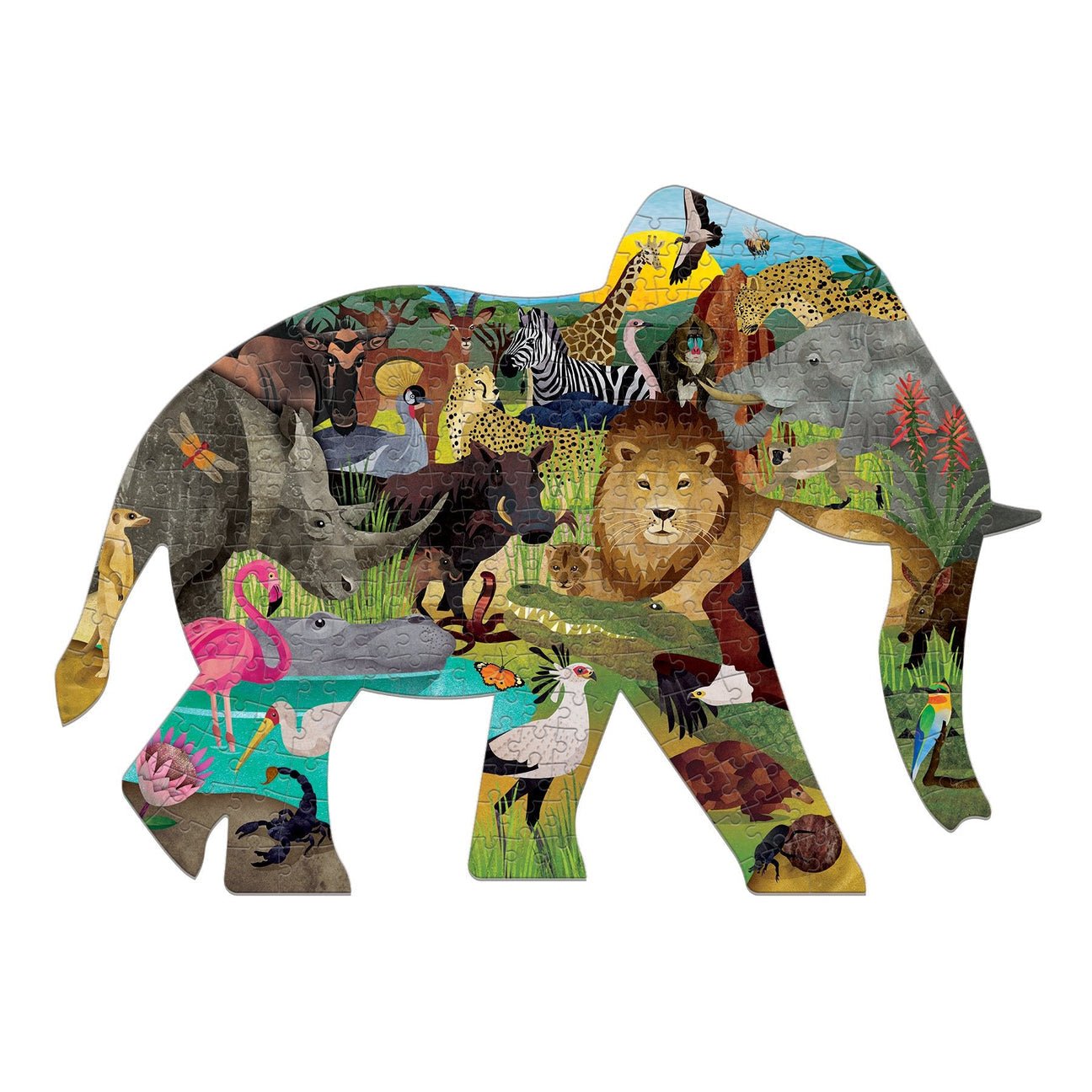 Colorful animal silhouette puzzle with various animals on a white background