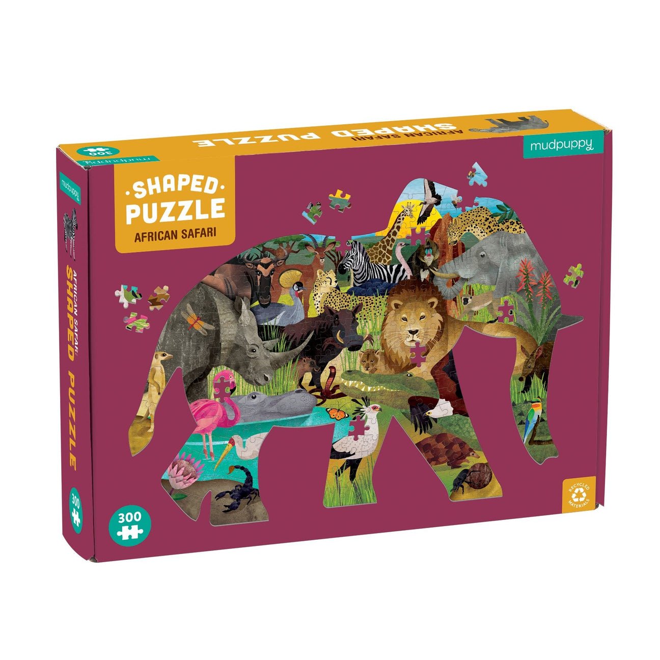 Shaped puzzle box for 'African Safari' with animal illustrations on a purple background