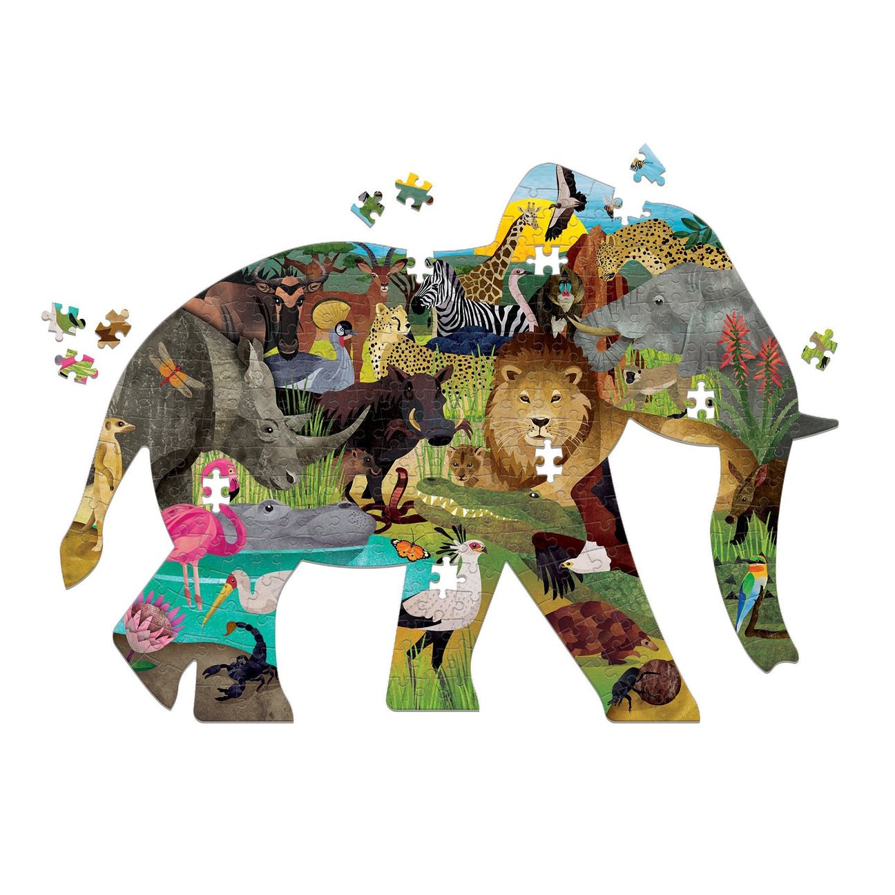 Jigsaw puzzle in the shape of an elephant with various animals on a white background