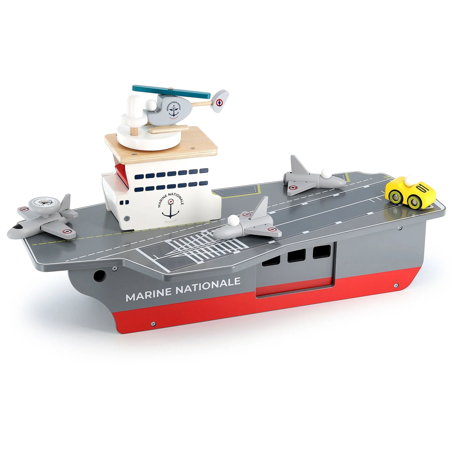 Toy aircraft carrier with planes and a ship on a white background