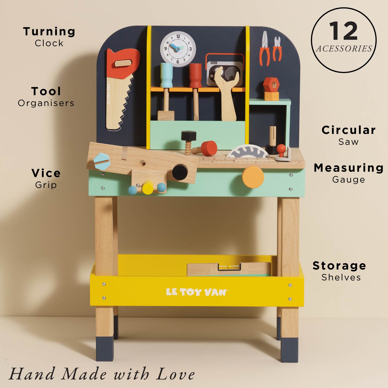 Toy workbench with various tools and components, labeled with features and 'Le Toy Van' branding.