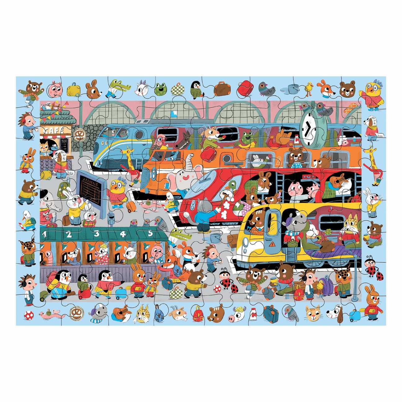 Children's puzzle with cartoon characters and colorful train design on a white background