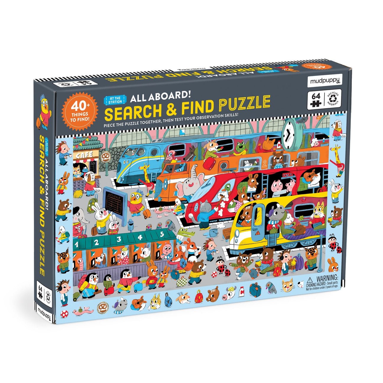 Children's puzzle box with colorful train design and Mudpuppy branding