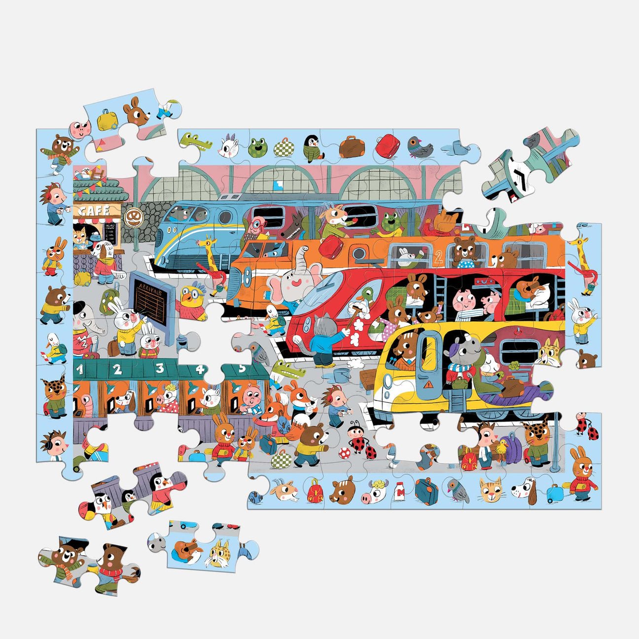 Children's puzzle with cartoon characters and vehicles on a white background