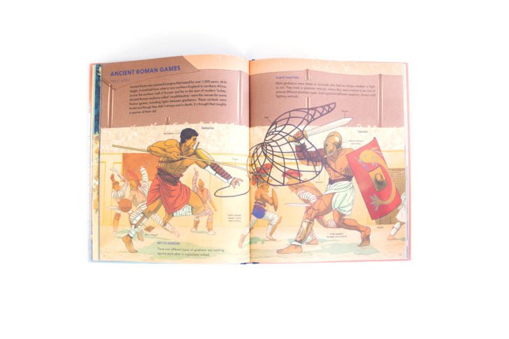 Open book showing illustrations of ancient Roman games on a white background