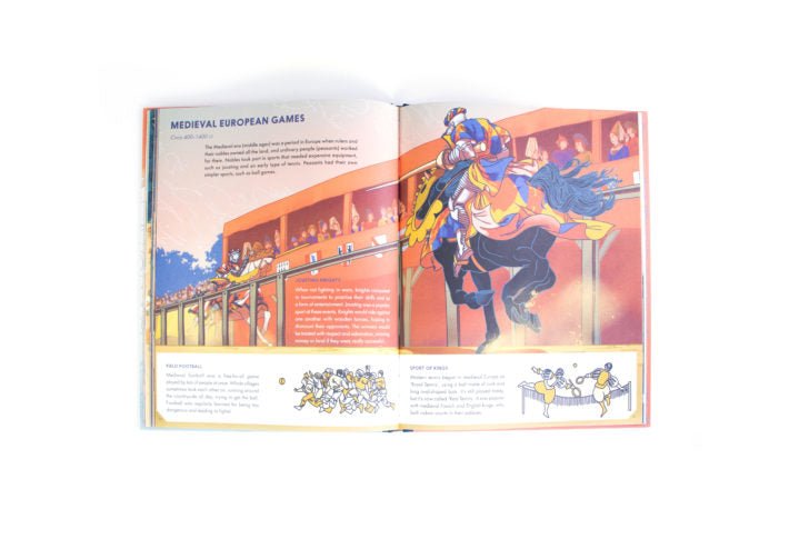Illustrated book page about medieval European games with colorful characters and text.