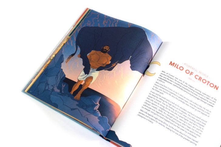 Open book with illustration of a lion and child, titled 'Milo of Croton'.