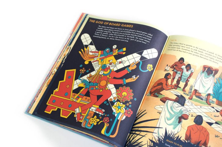 Open book with colorful illustrations of a deity and people playing games on a white background
