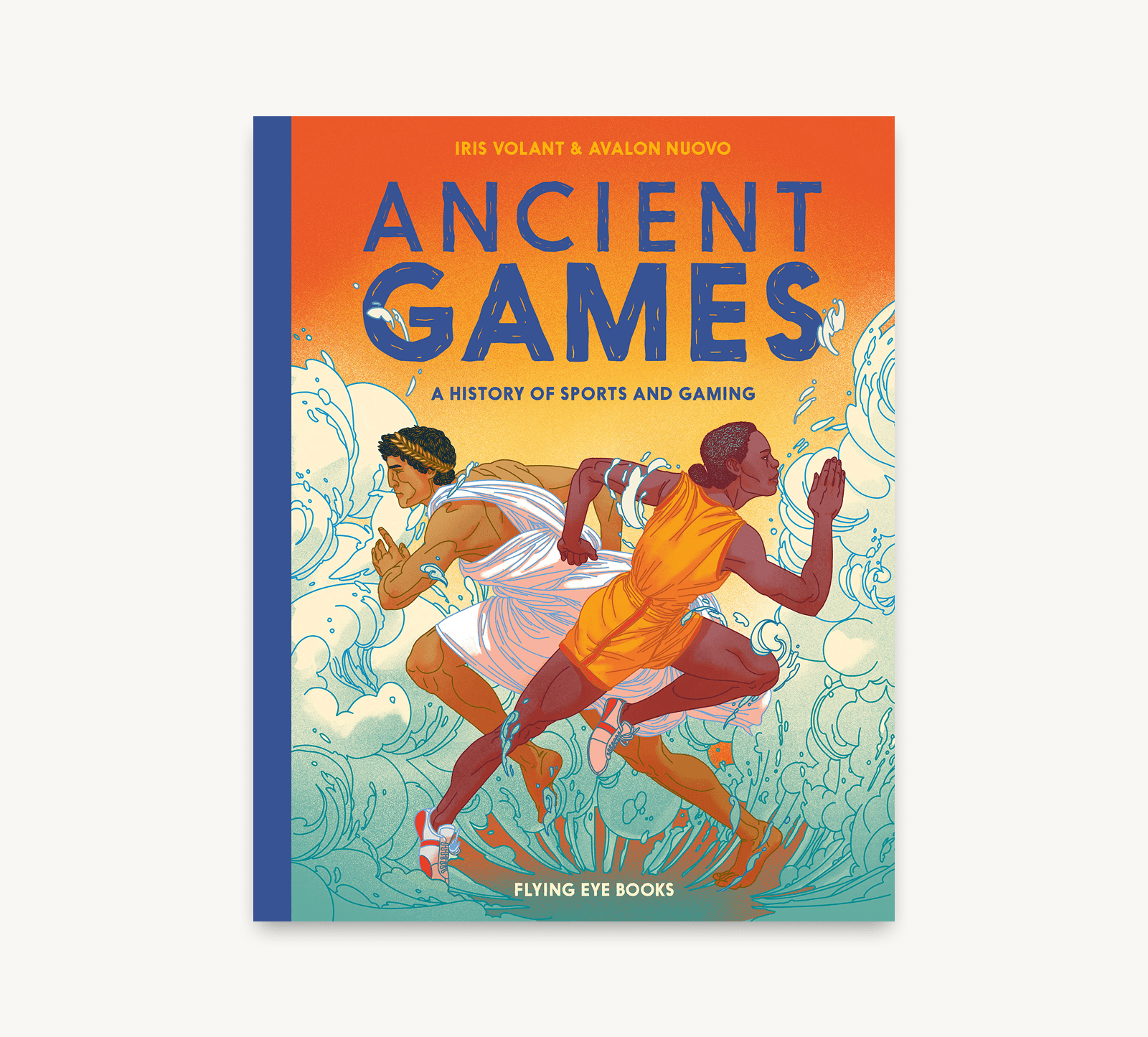 Book cover of 'Ancient Games' with illustrations of athletes running on a wave background.