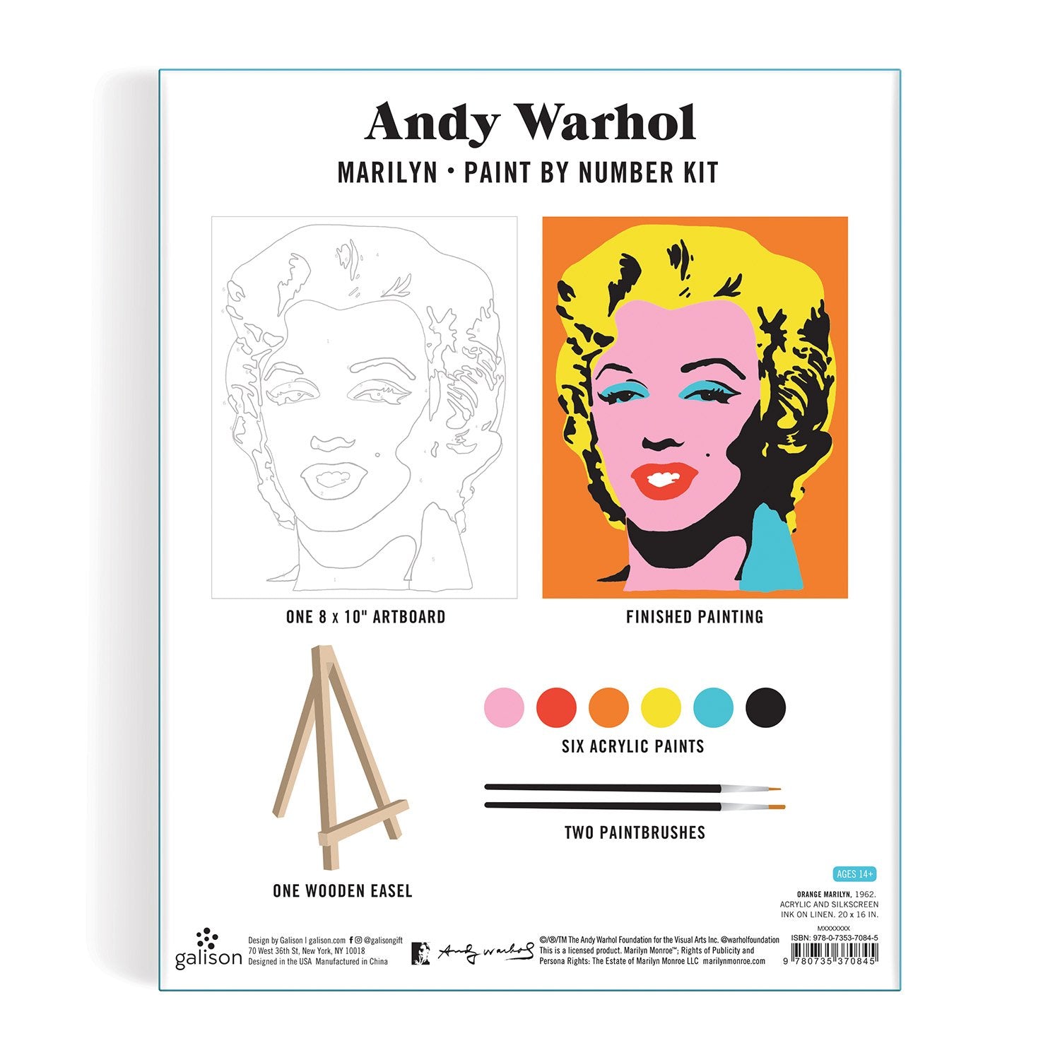 Andy Warhol Marilyn Monroe paint by number kit packaging with artboard, paints, and easel.