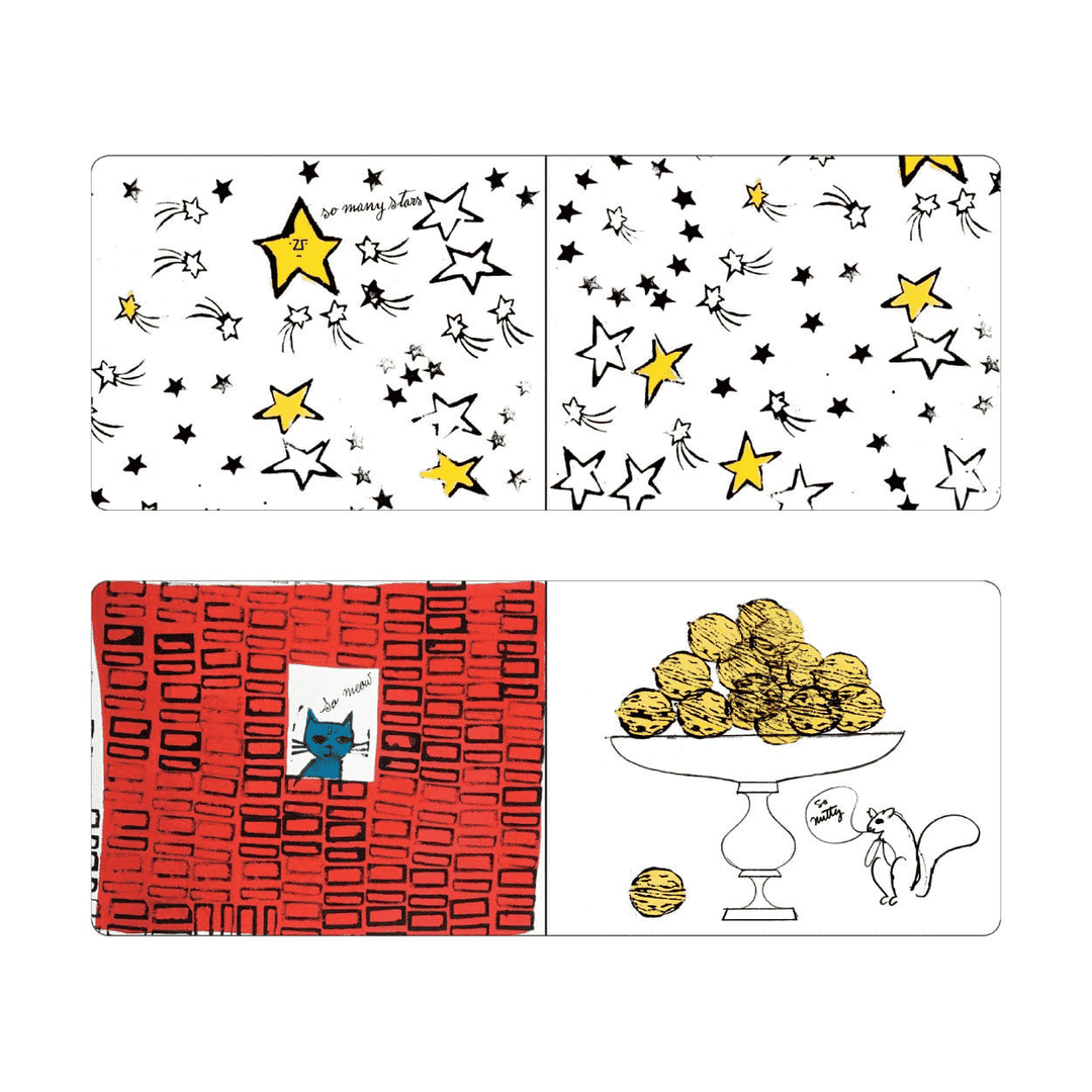 Illustrated design with stars, a red box with a cat, and a dish of gold balls on a white background.