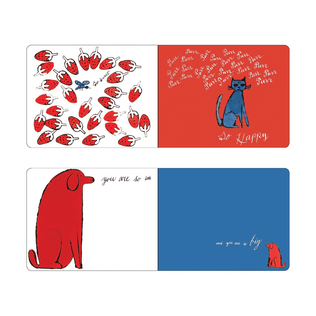 Set of four cards with red and blue illustrations on a white background