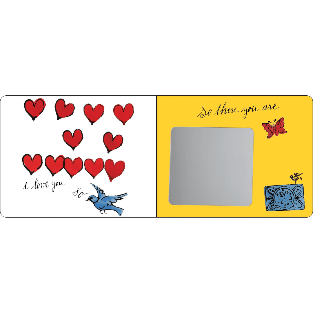 Card with red hearts, a blue bird, and yellow border on a white background